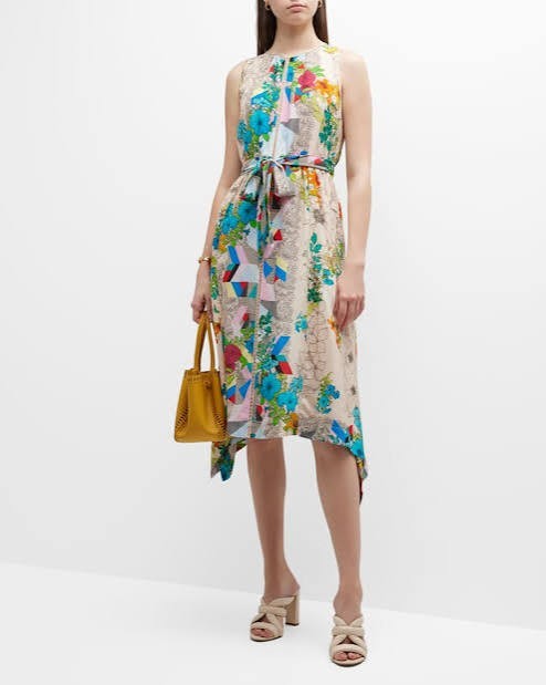 NWT $515 JOHNNY WAS Sequence Naia Floral-Print Handkerchief Silk Dress Size S