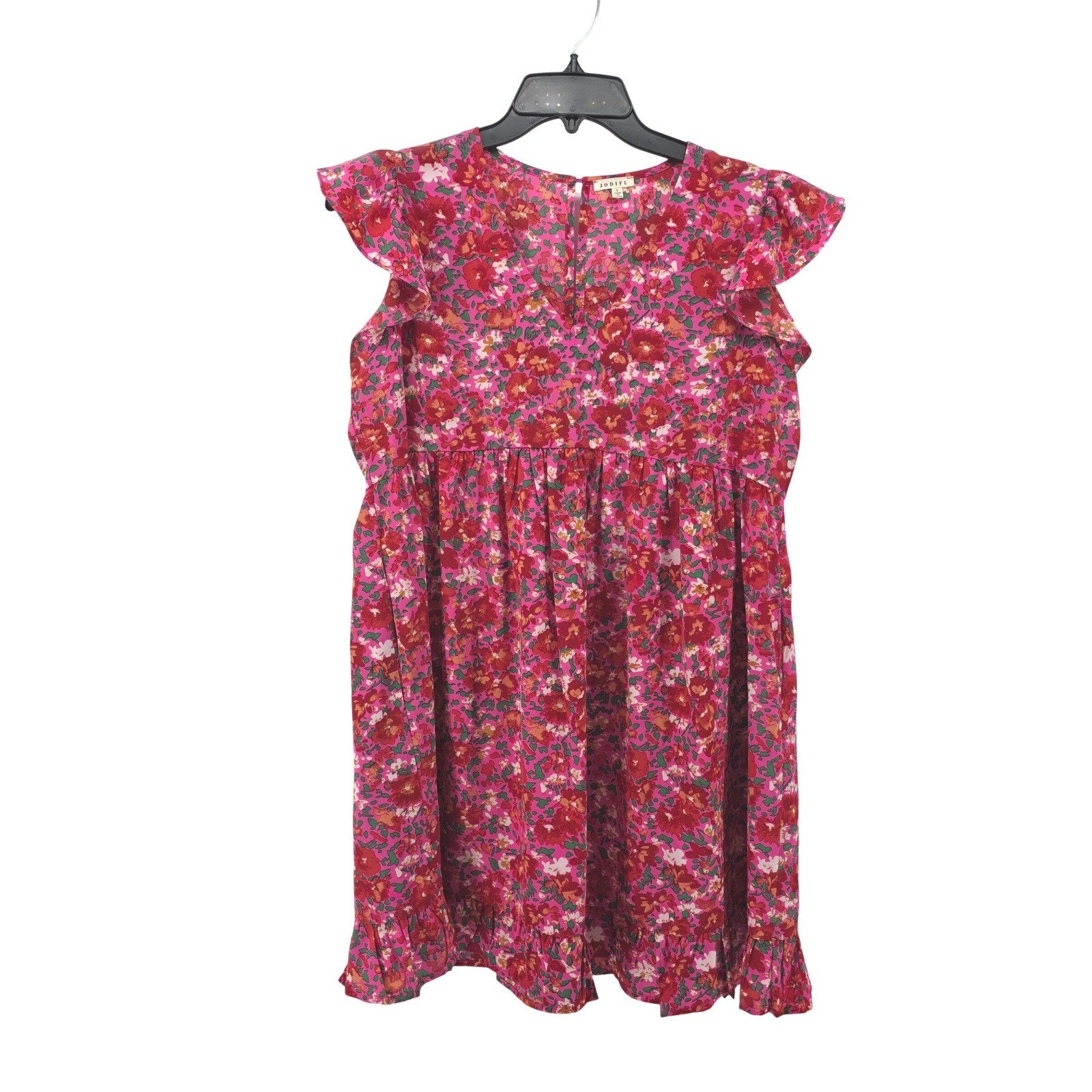 Jodifl Pink Red Floral Flutter Sleeve Babydoll Mini Dress Womens Large Flowy