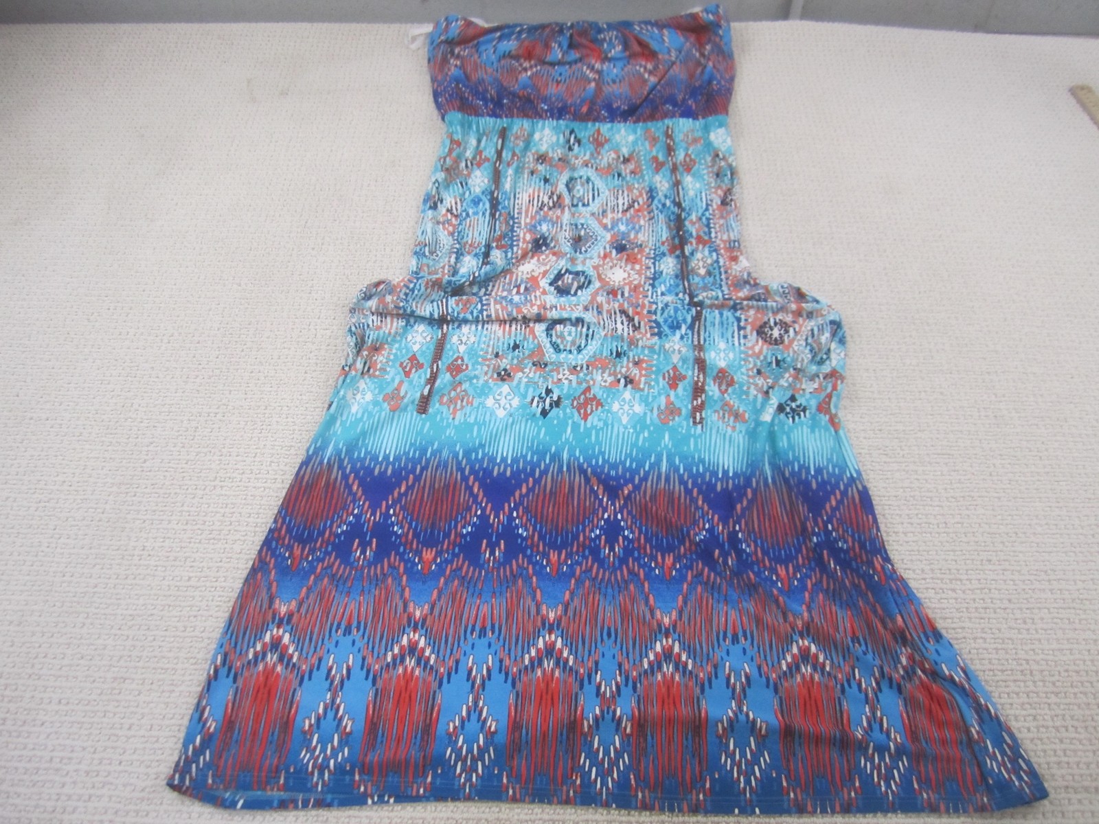 Bisou Bisou Dress Womens 16 Blue Red Ikat Maxi Strapless Boho Michele Bohbot