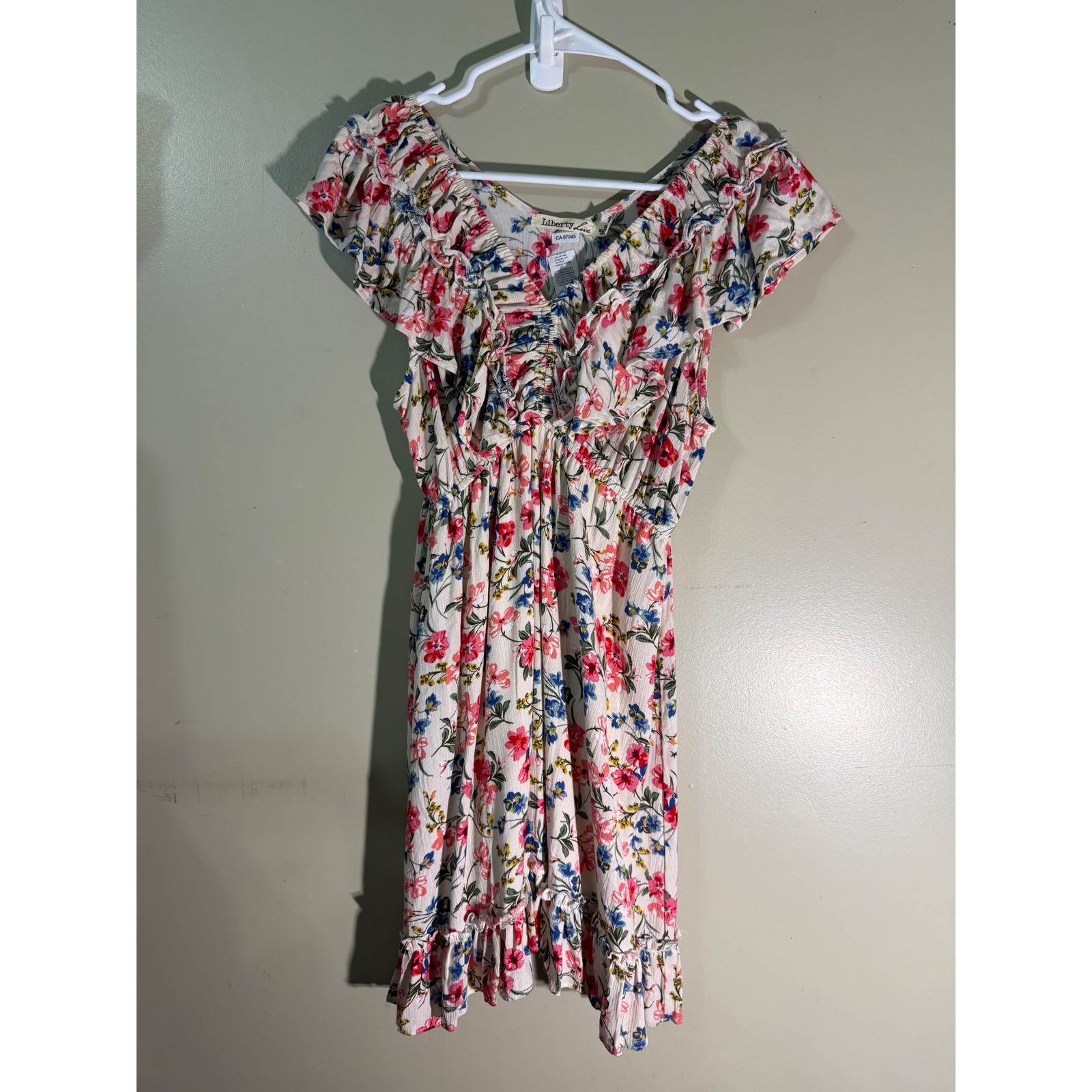 Liberty Love Floral Ruffle Mini Dress Cream Pink Blue V-Neck Size M CA 07043