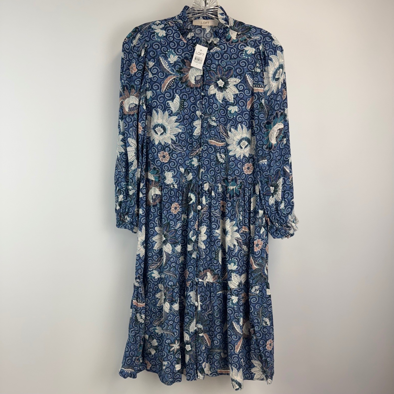Loft Blue Floral Batik Tiered Midi Shirt Dress Long Sleeve Ruffle Womens S NWT