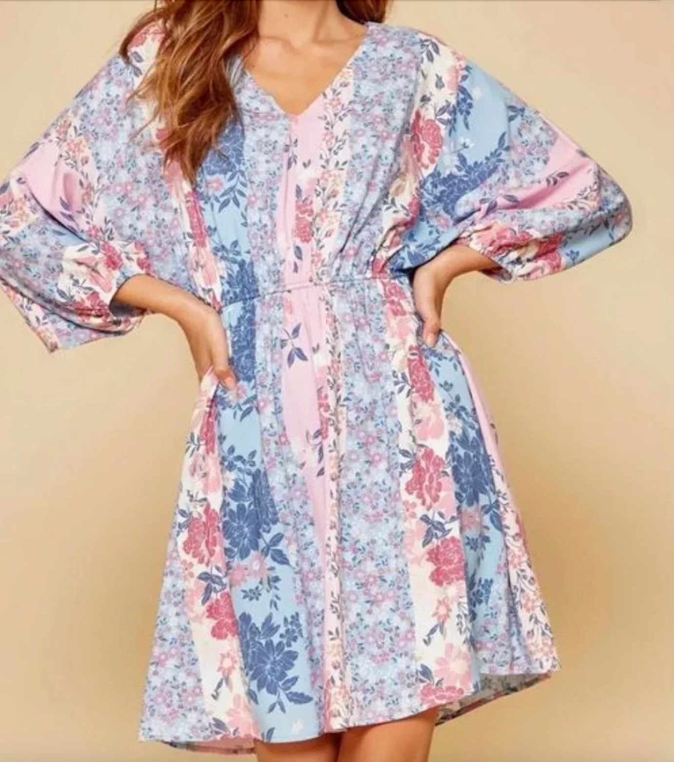 Andree by Unit M NWT Pastel Floral Patchwork Dolman Boho Chic Dress Savanna Jane
