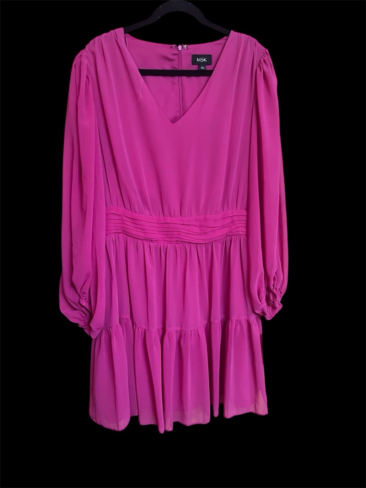 MSK Pink V-Neck Balloon Long Sleeve Tiered A-Line Knee Dress XL Ruffle Zip