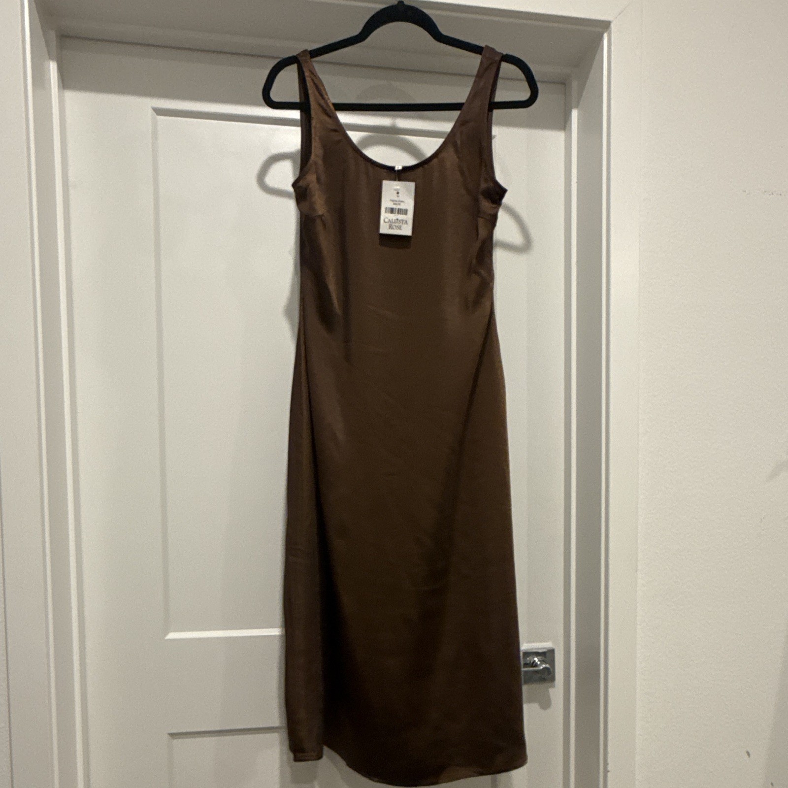 Calista Rose Brown Satin Full Slip, Solid Wireless Strap Accent, Women’s M