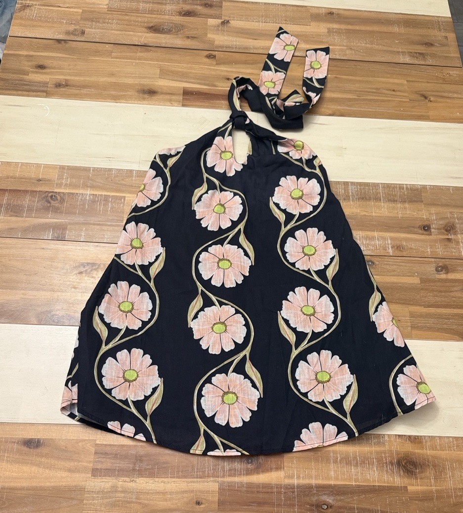 BILLY J Black Pink Floral Mini A-Line Dress Short Size 8 Sleeveless Halter Tie