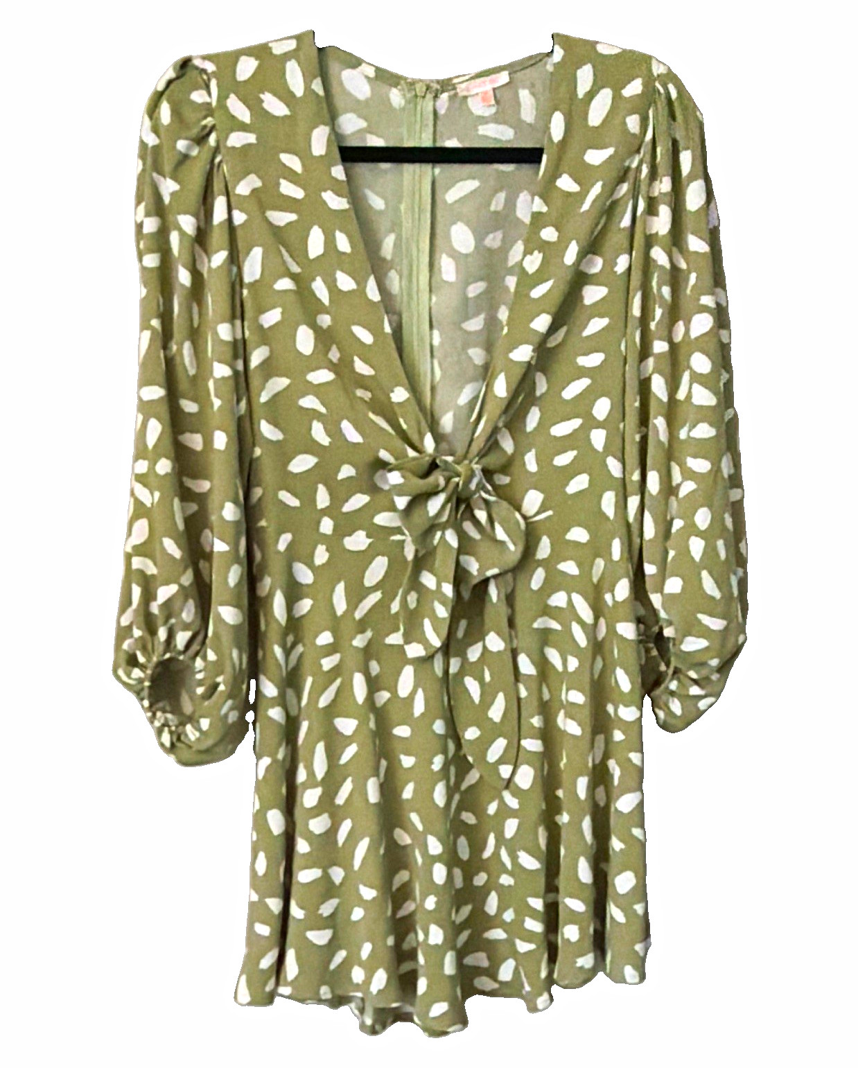 Luxxel Dress S Green/White Abstract V-Neck Puff Sleeve Tie Front Zip Mini