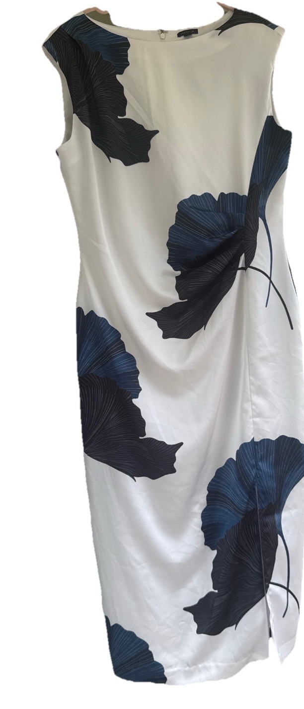 Ann Taylor Asymmetric Floral Satin Sheath Dress 12 White Blue Floral Midi Slit