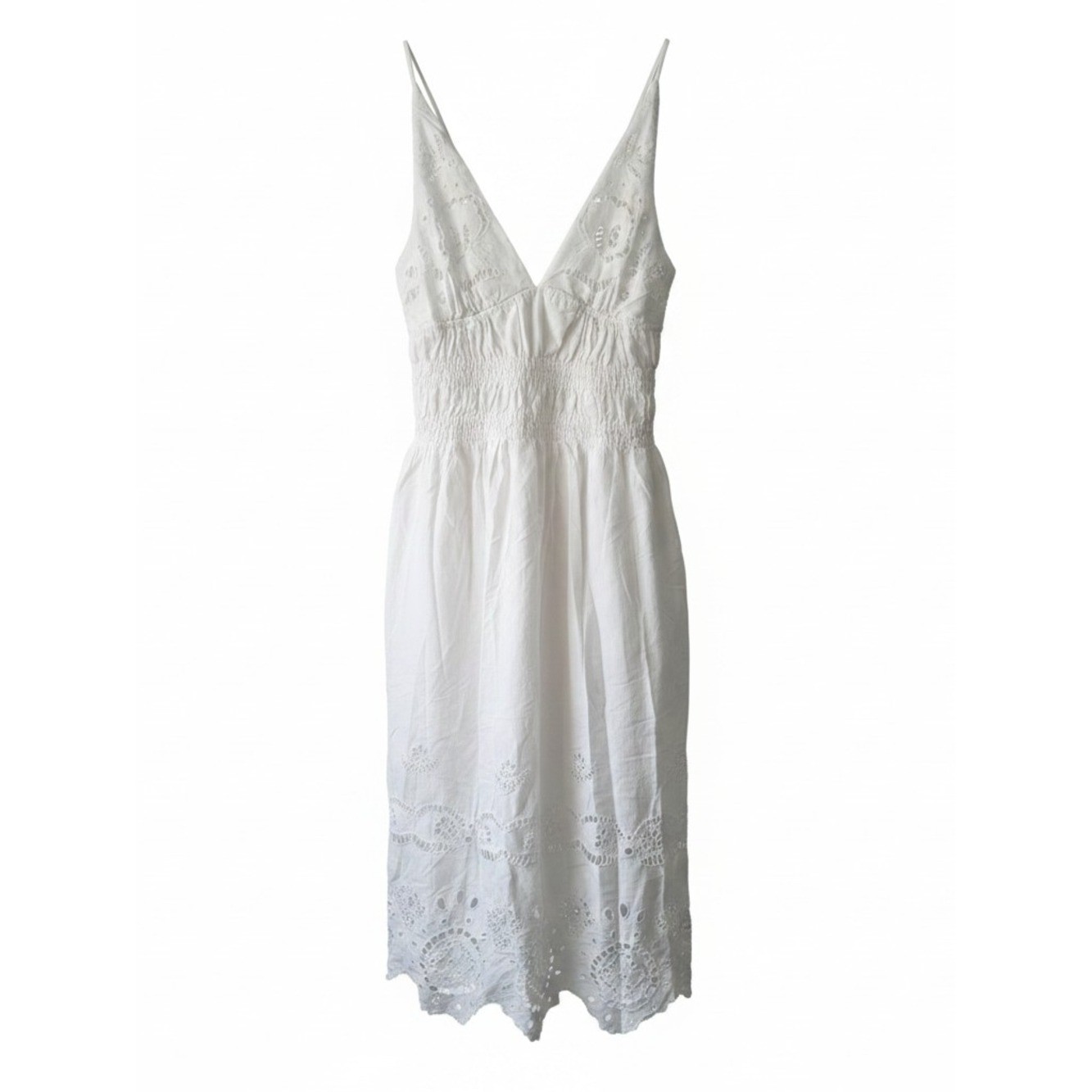 FUTURE COLLECTIVE | White Eyelet Spaghetti Strap Smocked Cotton Sundress | XL