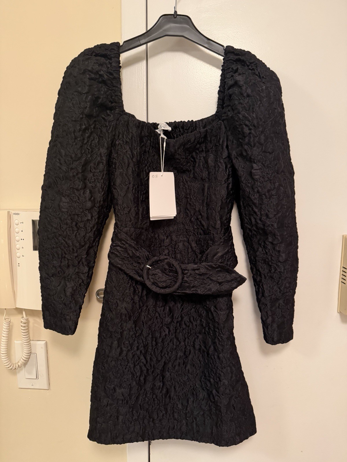 & Other Stories Belted Puff Sleeve Jacquard Mini Dress Black Size 6