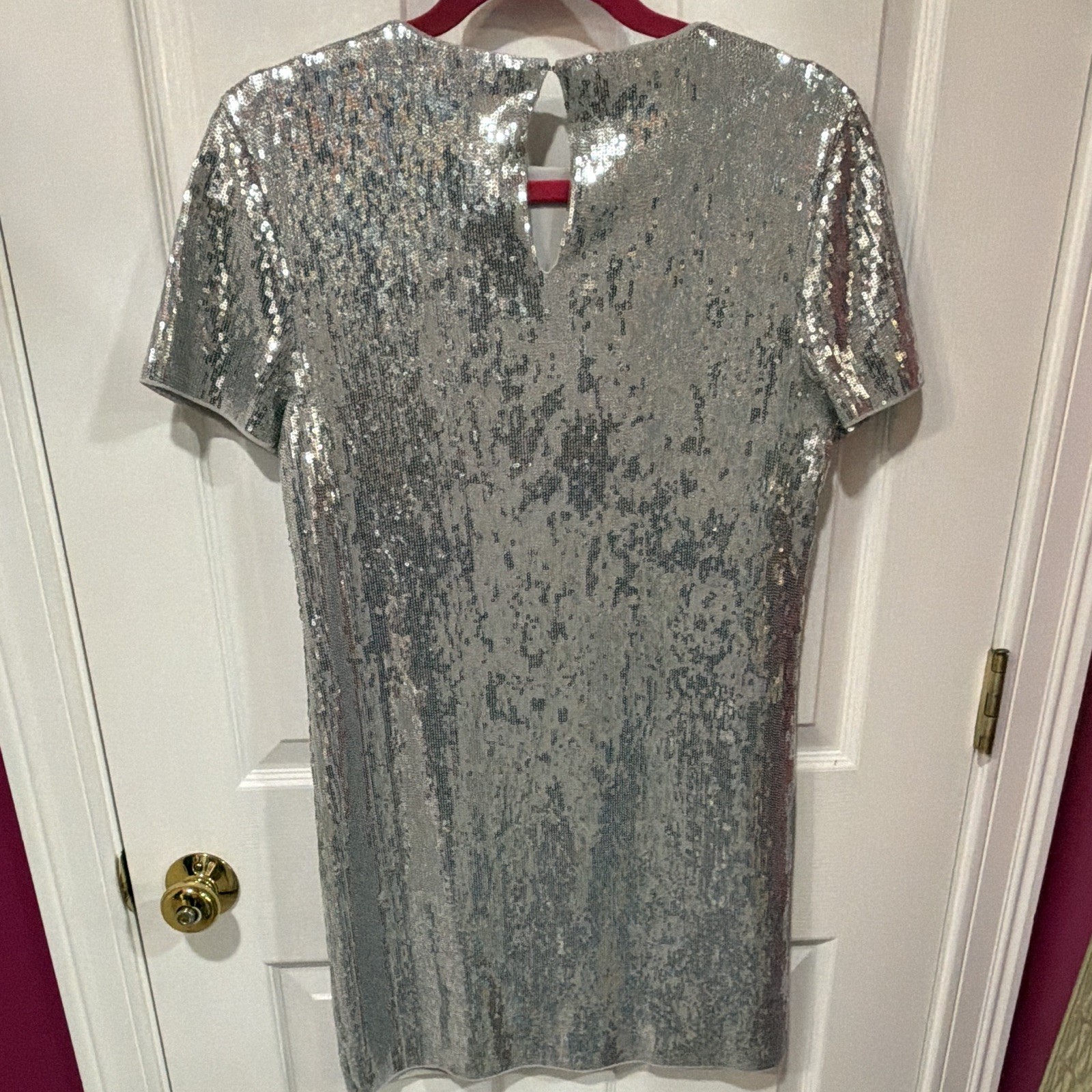 Express Silver Sequin Mesh Shift Dress Round Neck Short Sleeve Party Size S