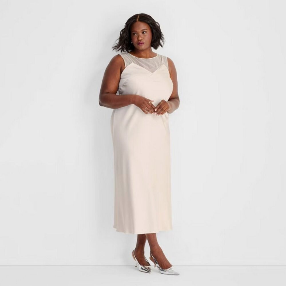 Women’s Sleeveless Mixed Media Ankle Slip Dress – Future Collective Cream L