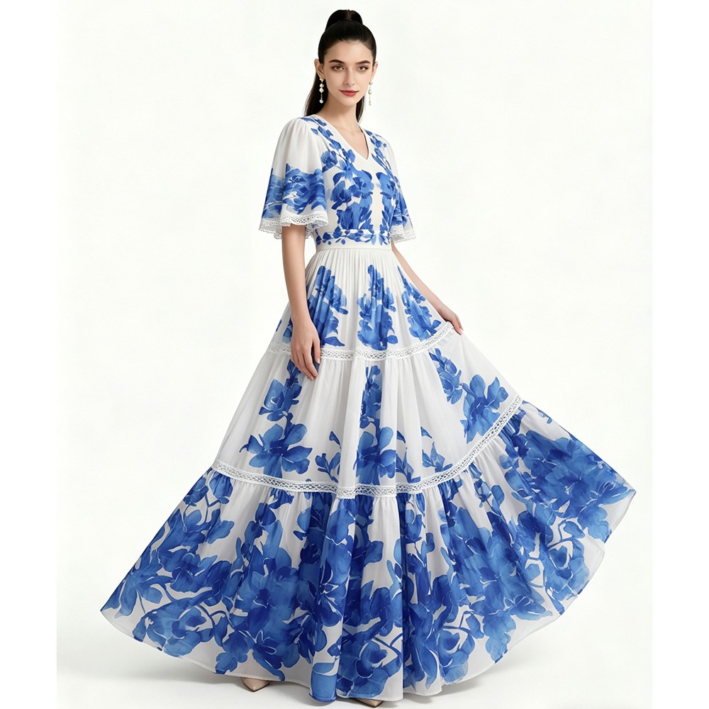 Chiffon Floral Print V Neck Bow Short Sleeve Women Casual Party Beach Sundresses