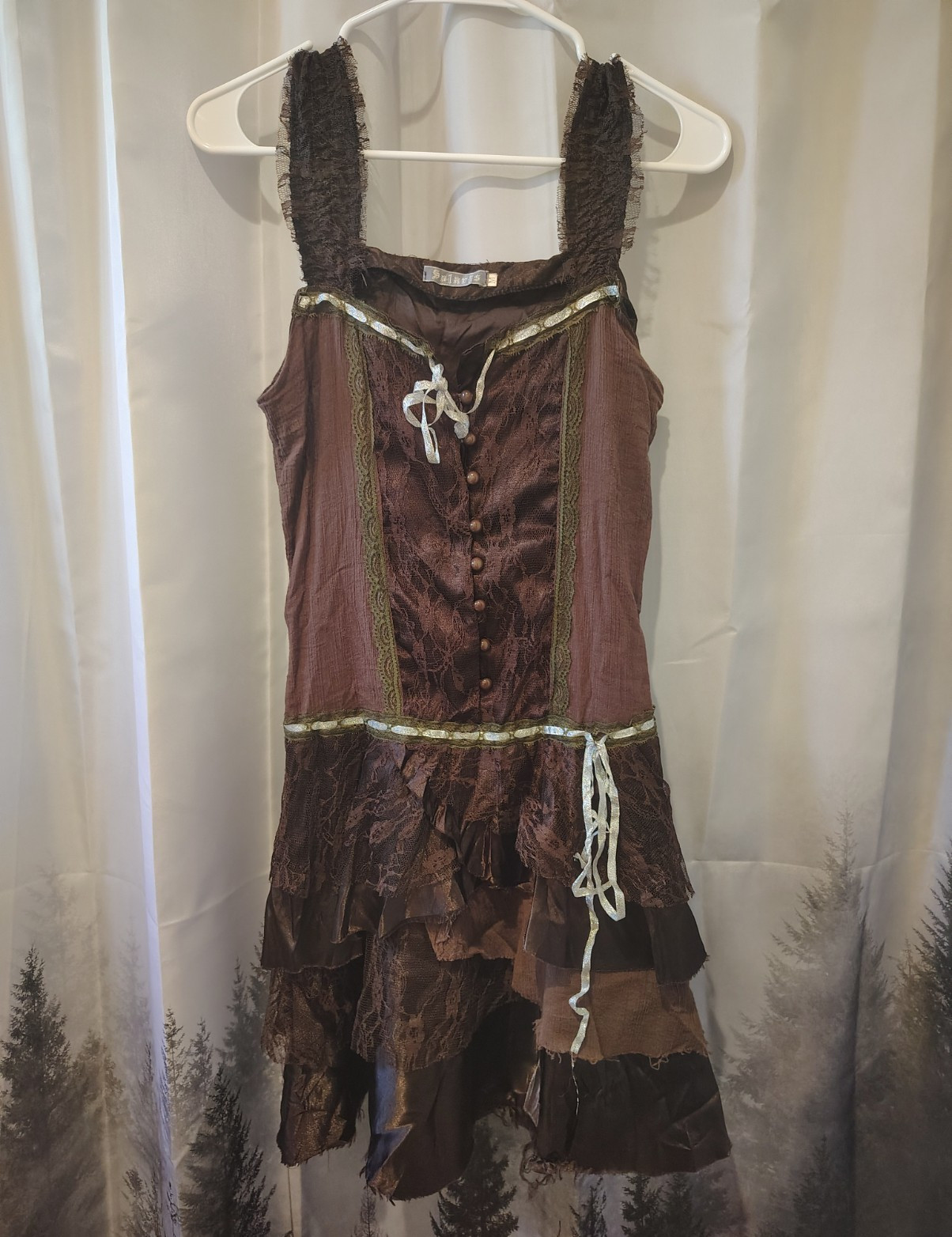Vintage Y2K Solaris Fairycore Grunge Dress Brown Lace Tiered Ruffle Asymmetric M