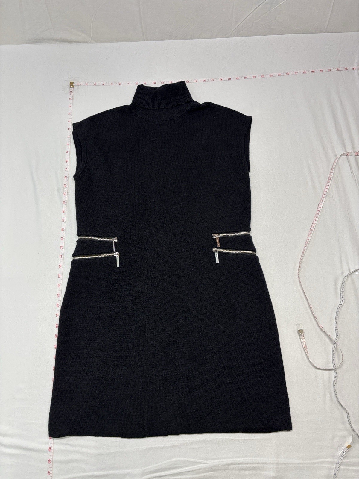 Michael Kors Black Turtleneck Cap-Sleeve Sweater Dress w/Side Zipper 44% cotton