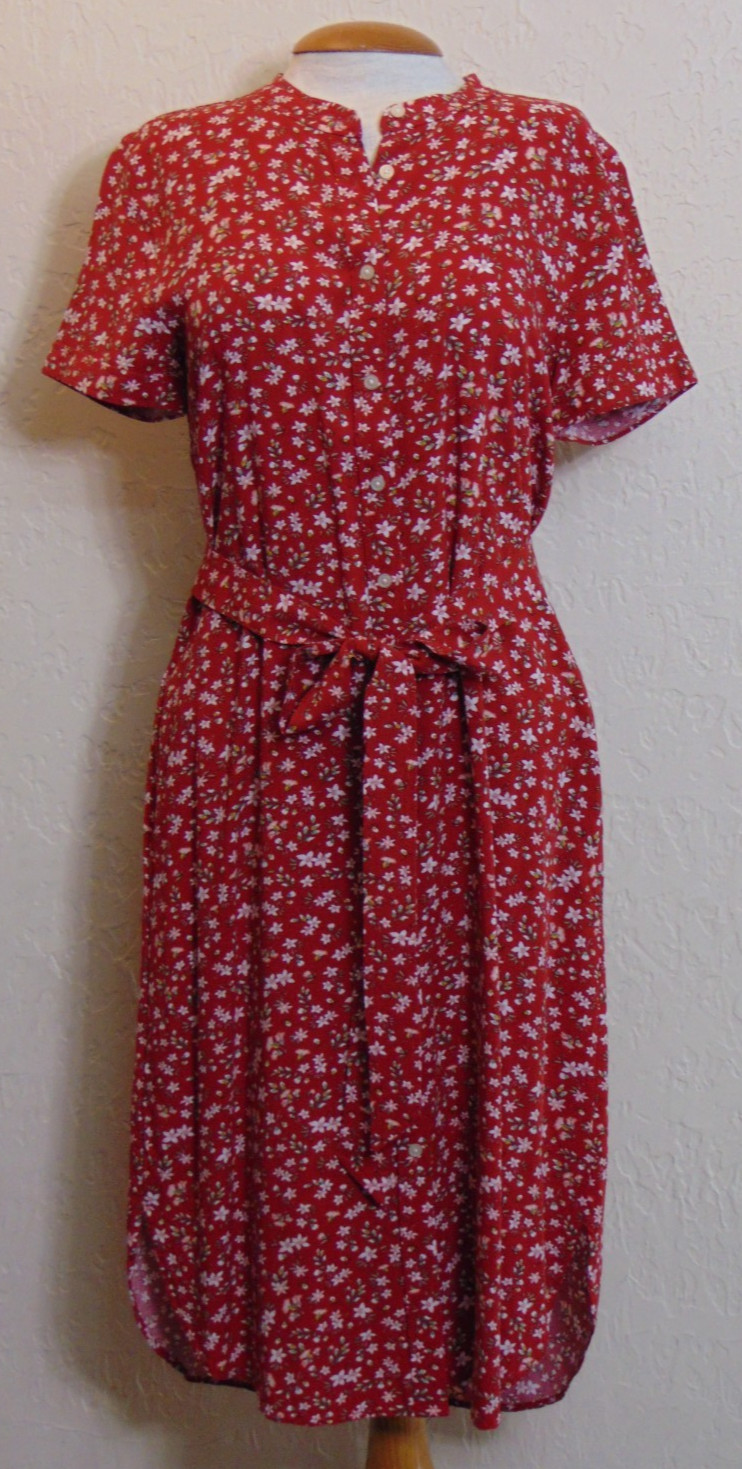 Ann Taylor Loft Womens Short Sleeve Button Front Dress 4 Red Floral Print w Belt