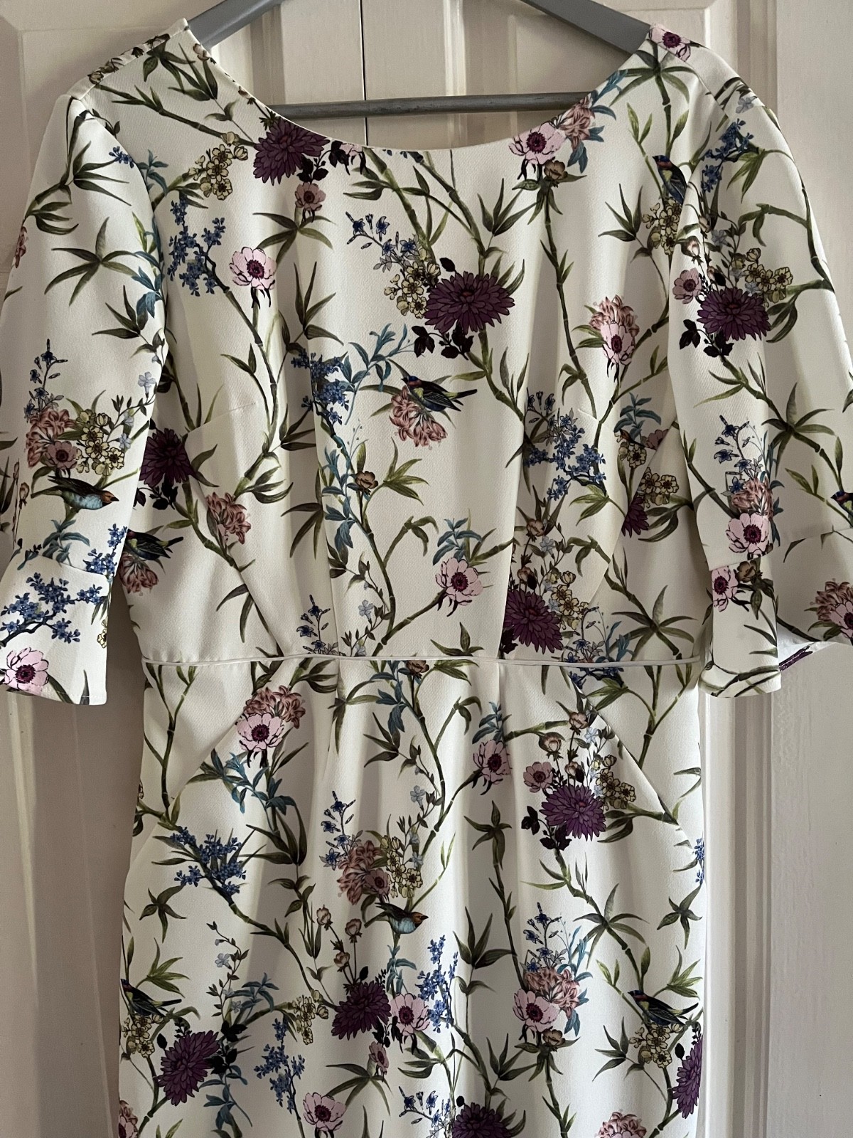 Oasis Size 14 Ivory Bell Sleeve Bird Botanical Print Dress