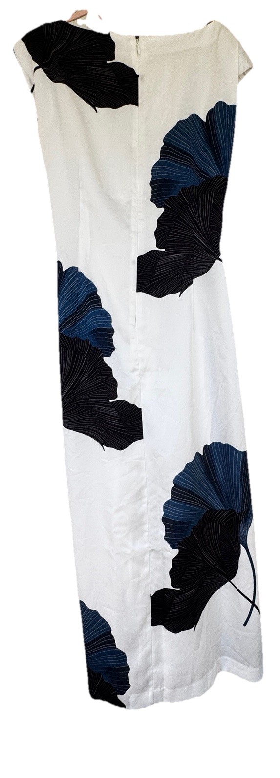 Ann Taylor Asymmetric Floral Satin Sheath Dress 12 White Blue Floral Midi Slit