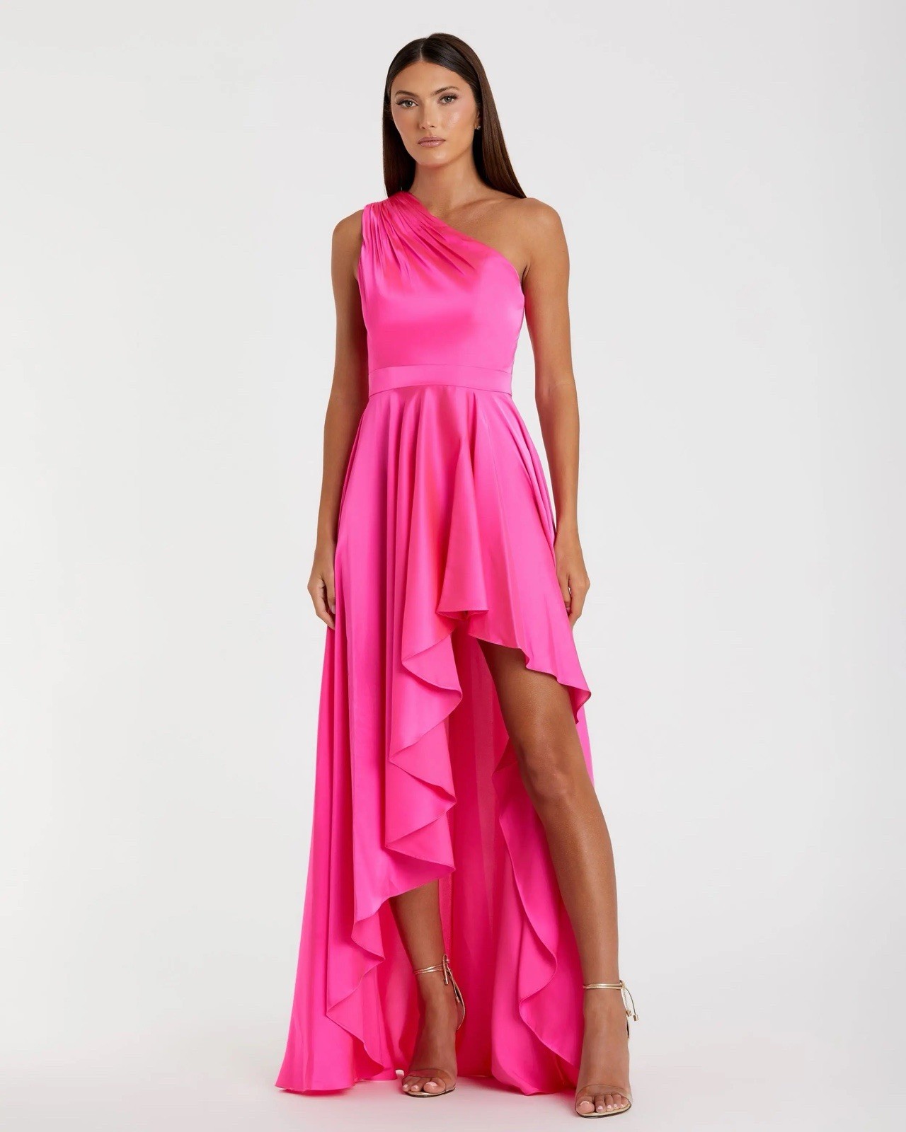 Mac Duggal Size Small 49668 Pink One Shoulder Satin High Low Gown Formal Dress