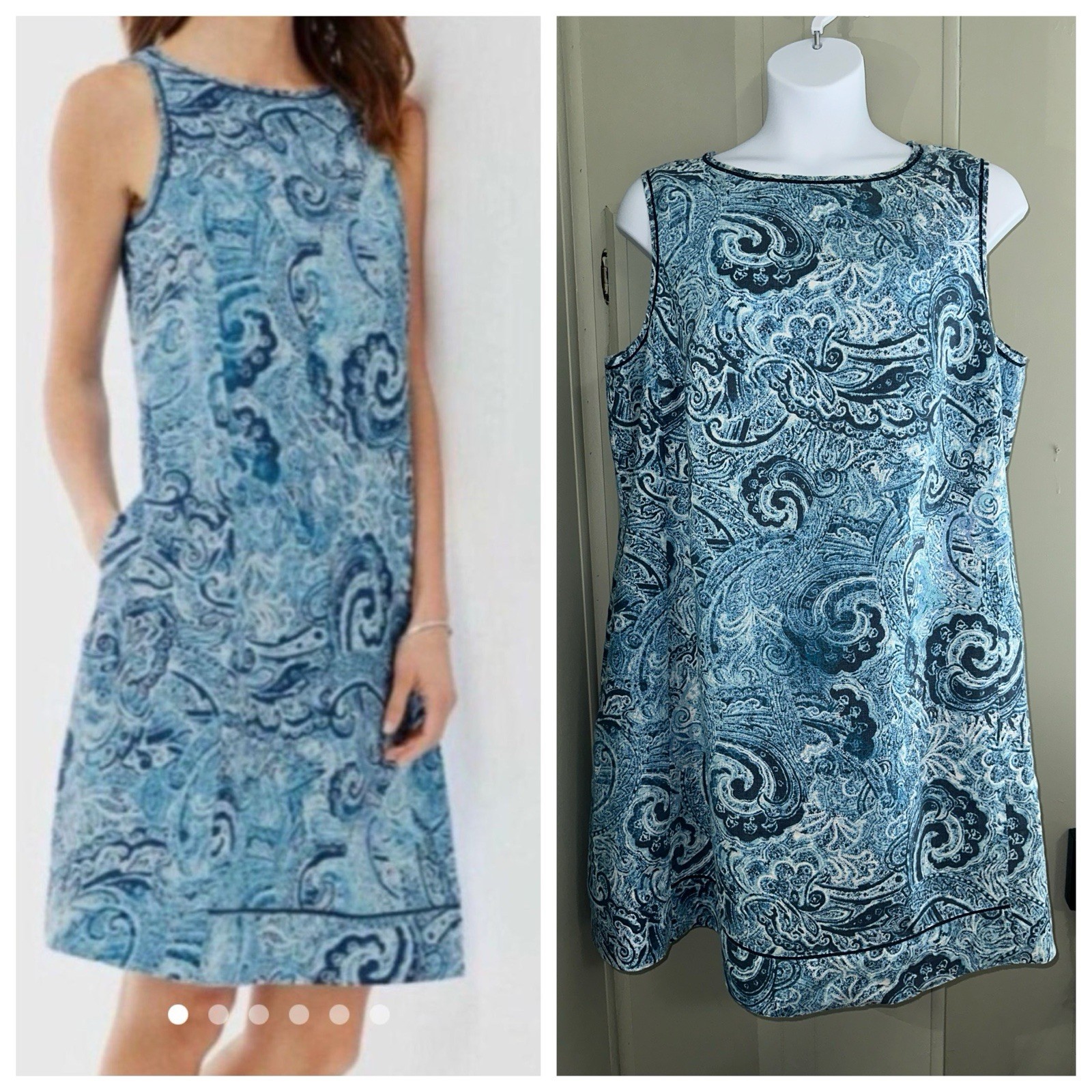 J.Jill 3X Sleeveless Shift Dress Pockets Indigo Blue White Coastal Paisley Linen