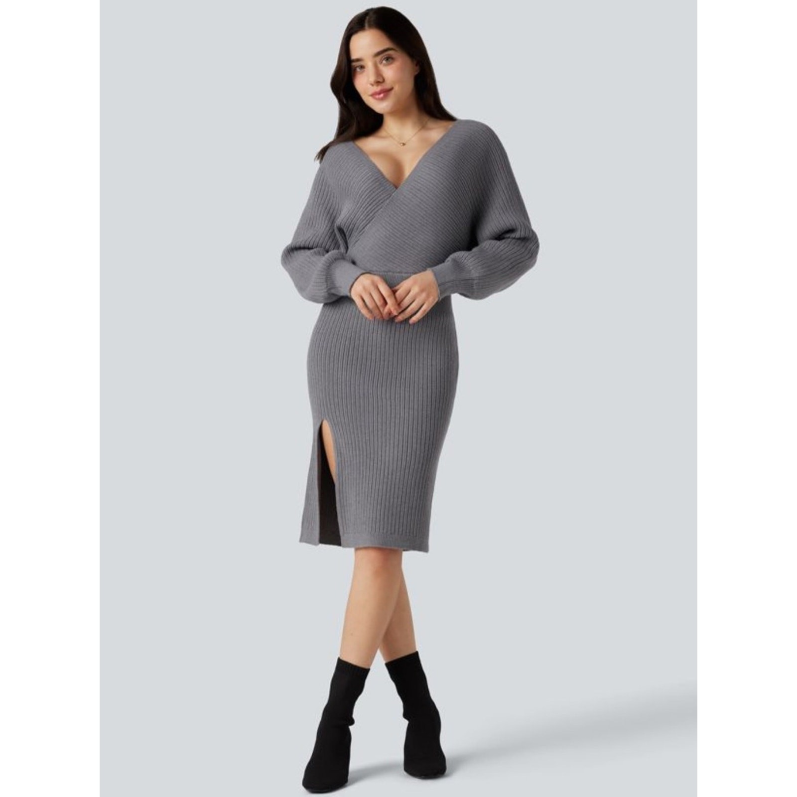 NWOT Halara V-neck Batwing Long Sleeve Split Bodycon Midi Sweater Dres