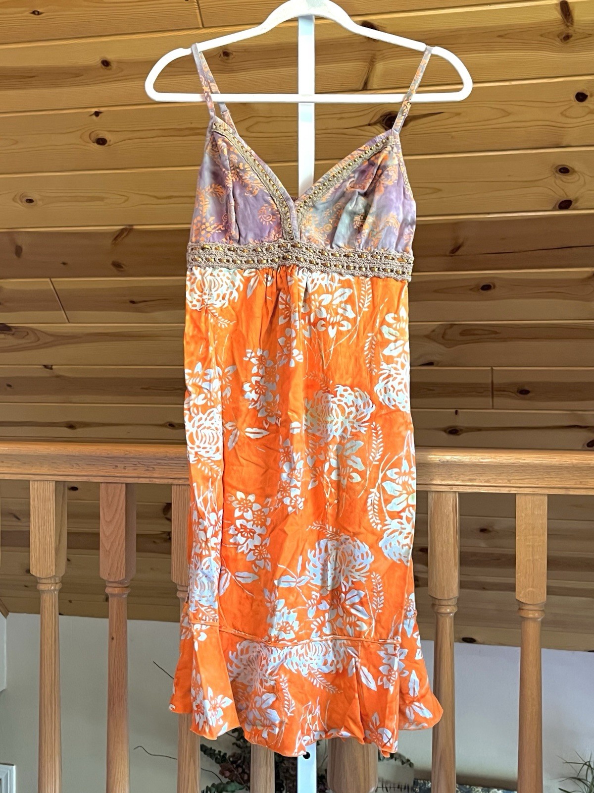 Santiki Batik Tropical Orange Floral Midi Dress w/ Purple Crochet Bodice Sz S/M
