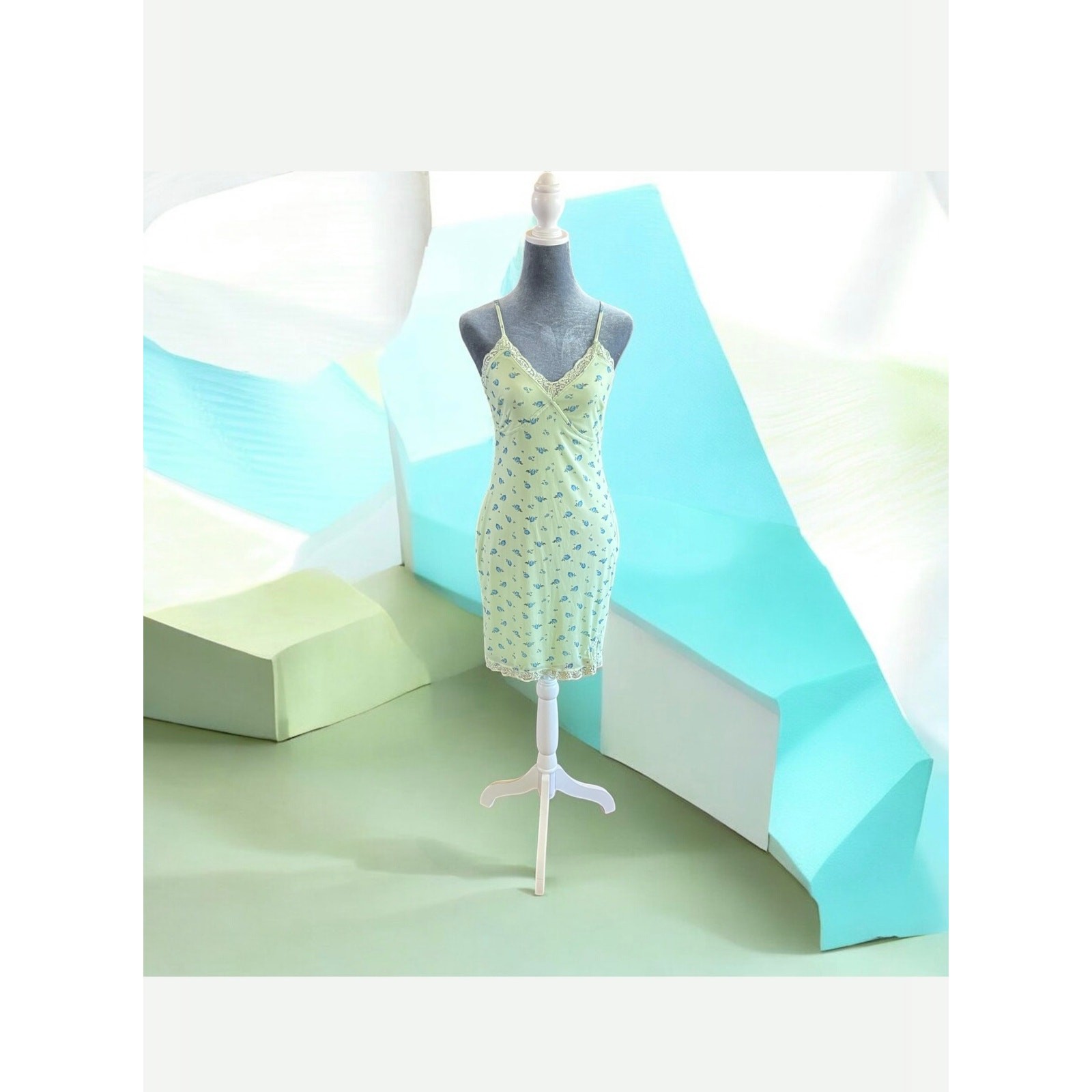 Wild Fable Y2K Mesh and Lace Green Floral Mini Slip Dress Small