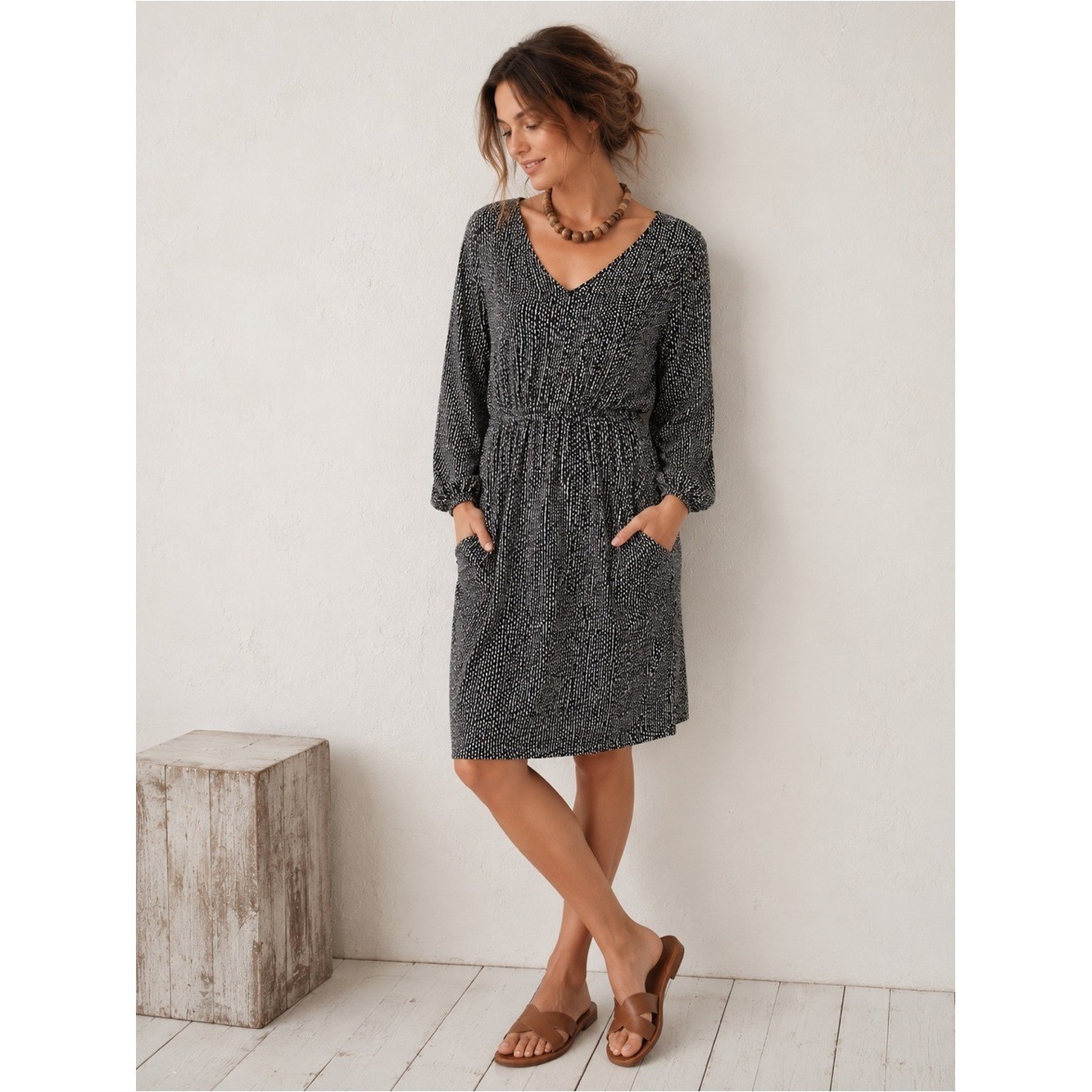 Garnet Hill Organic Cotton Tencel Printed Knit Dress V-Neck Pockets Size Small