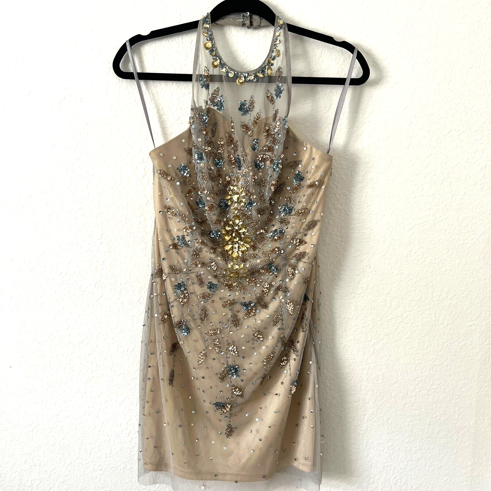 Happy Joe’s Sz M Halter Sequin Beaded Party Dress Beige Cocktail Hoco Prom Glam
