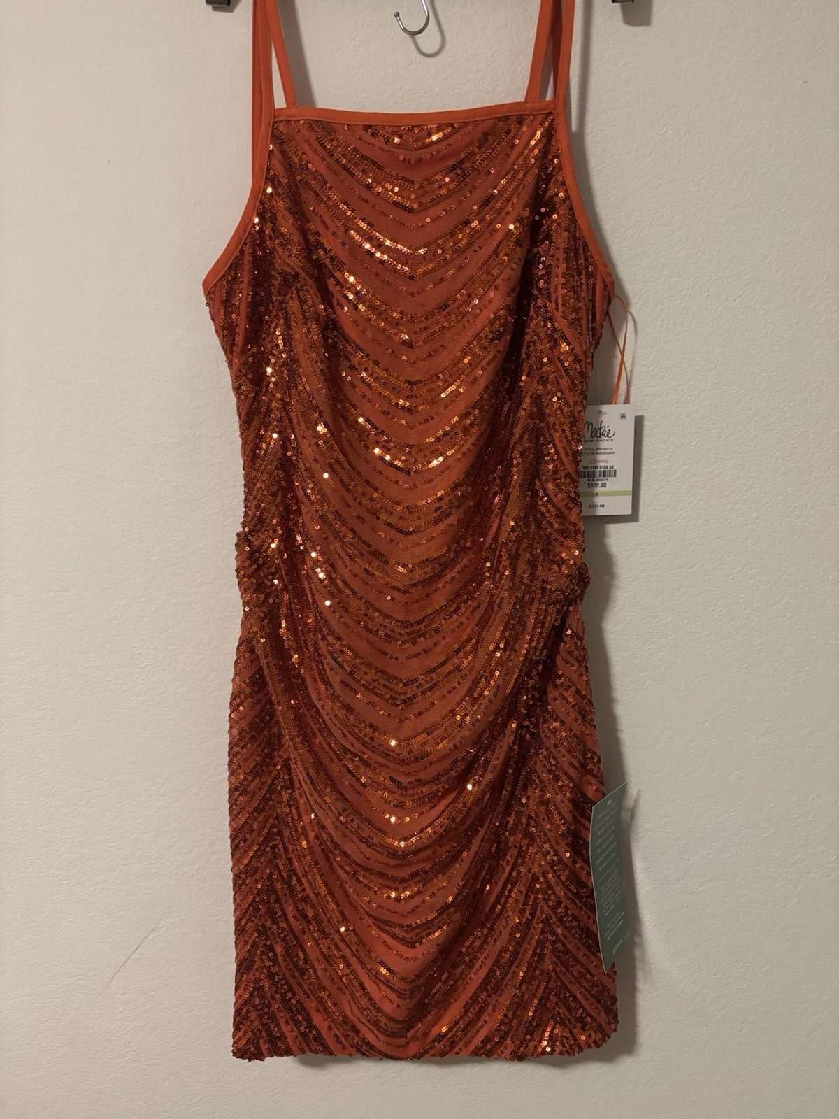 Bob Mackie Orange Sequin Mesh Sheath Square Neck Strappy Zip Dress 4
