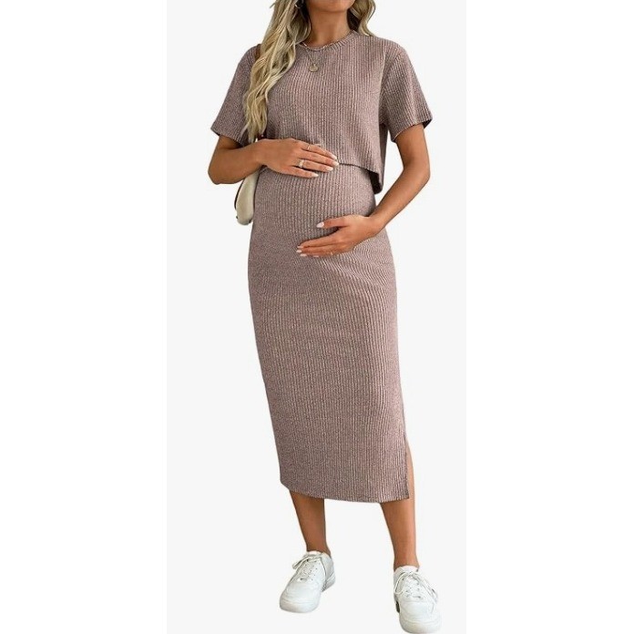 SHENHE 2 Piece Maternity Outfit Womens Medium Dusty Pink Ribbed Skirt Set