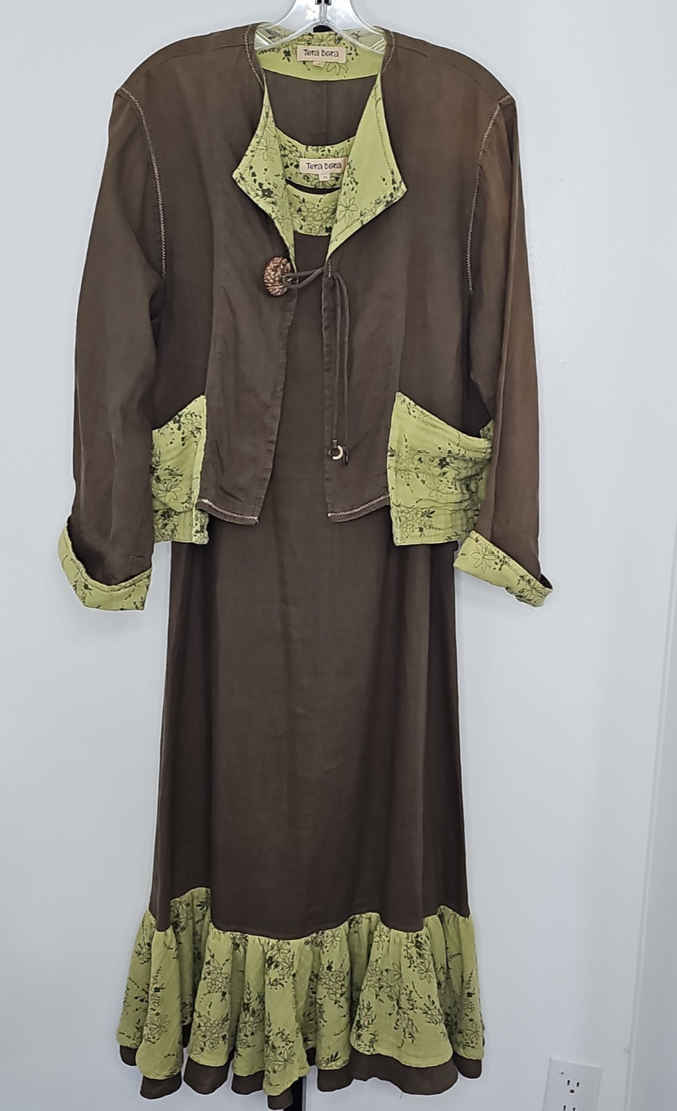 Tera Bora 2 Pc Boho Lagenlook Brown Green Linen Blend Dress Jacket Set T1