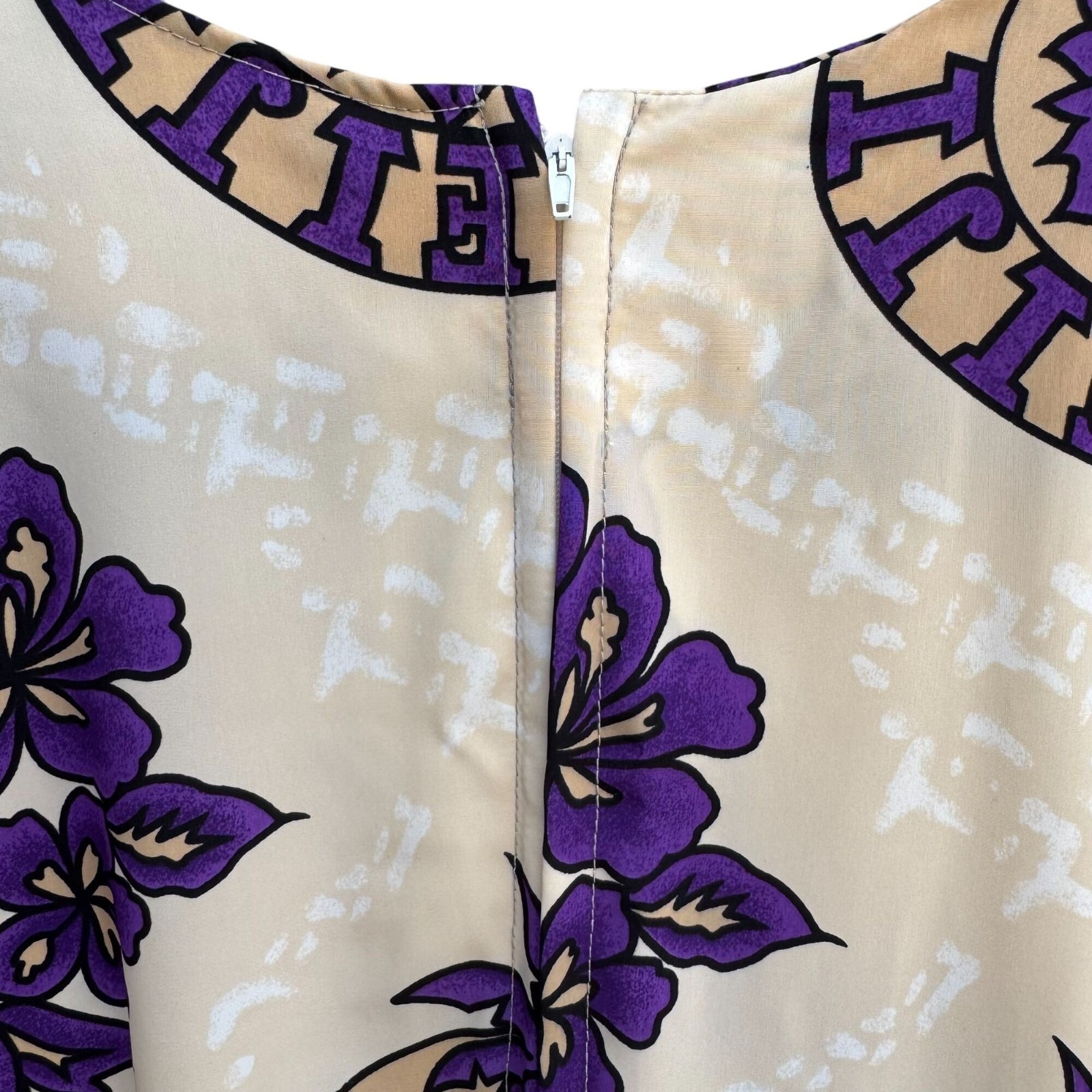 Bula Fiji Vintage Handmade Womens Tan Purple Floral Housecoat Style Tunic Dress