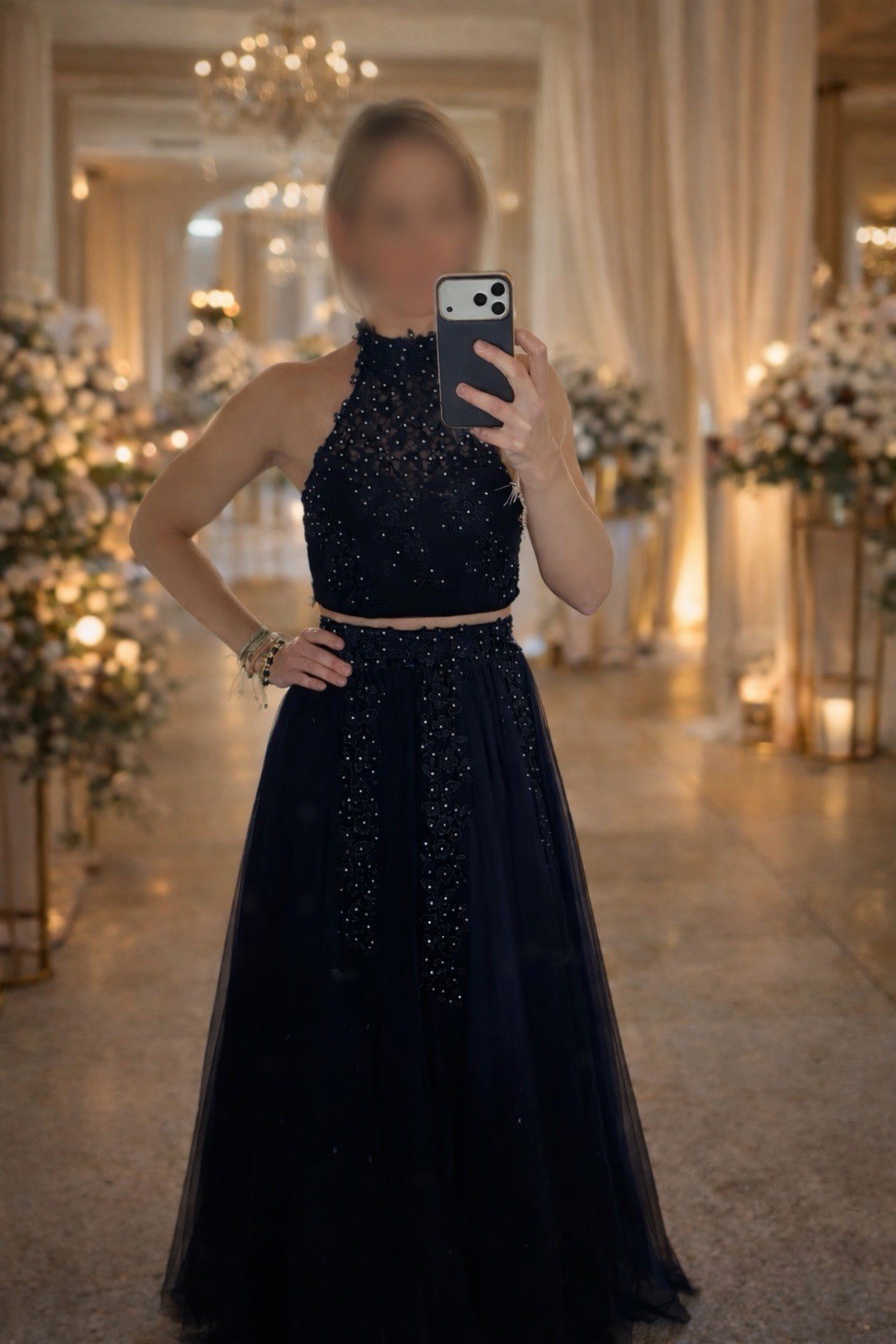 Halter-Neck Two-Piece Evening Gown Lace Appliqués and Floral Beading Detail Sz 1