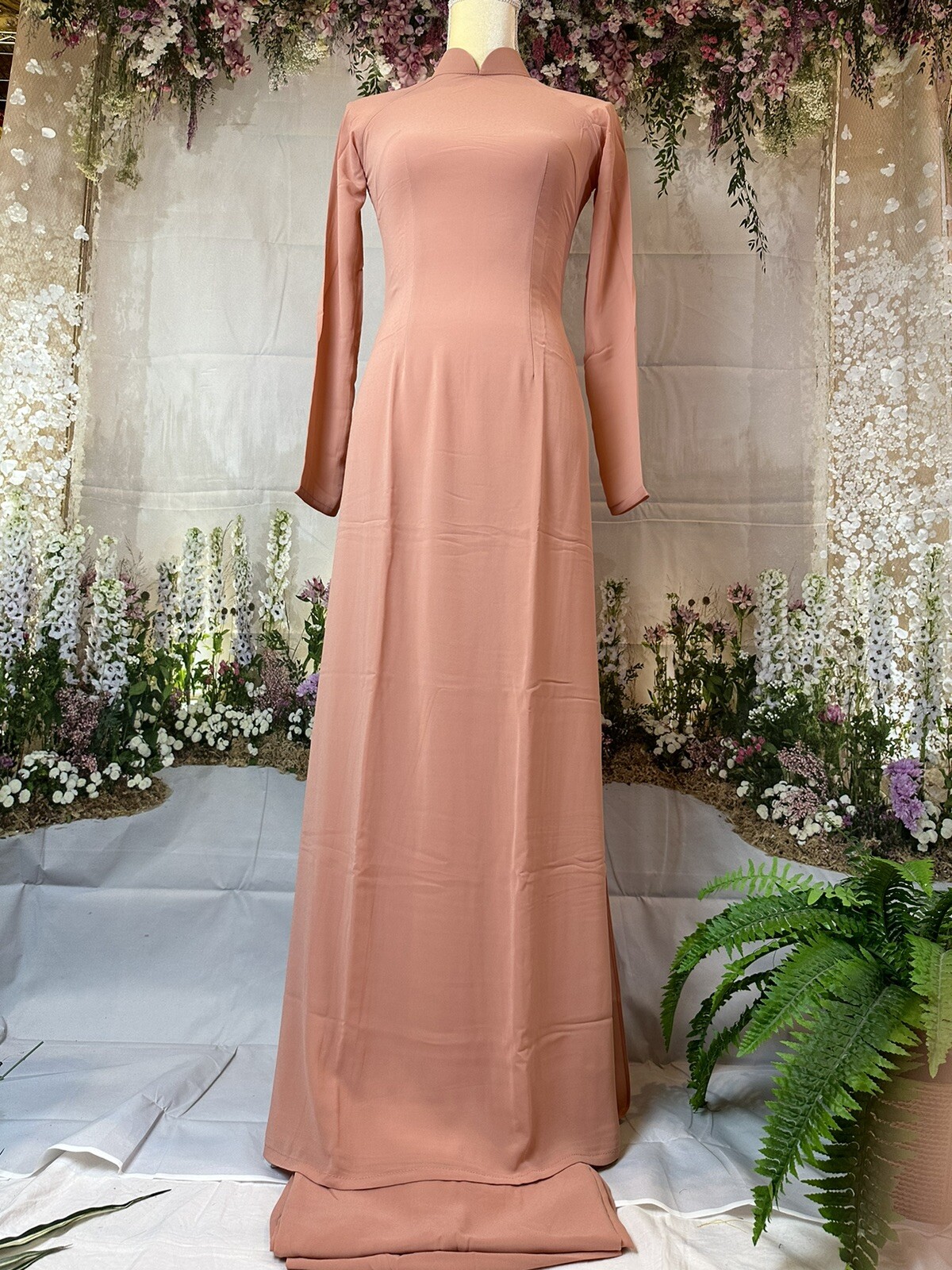 Pinkish Peach Color Ao Dai Chiffon Double Layer Vietnamese Long Dress with Pants