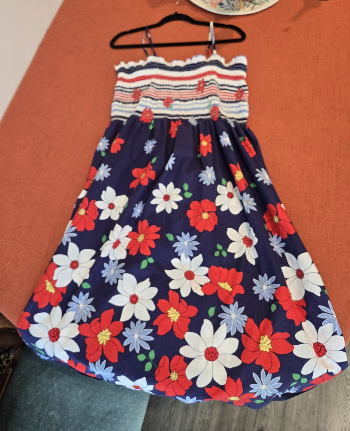 Women’s Navy Floral Cotton Smocked Spaghetti Strap Midi Sundress Size XL