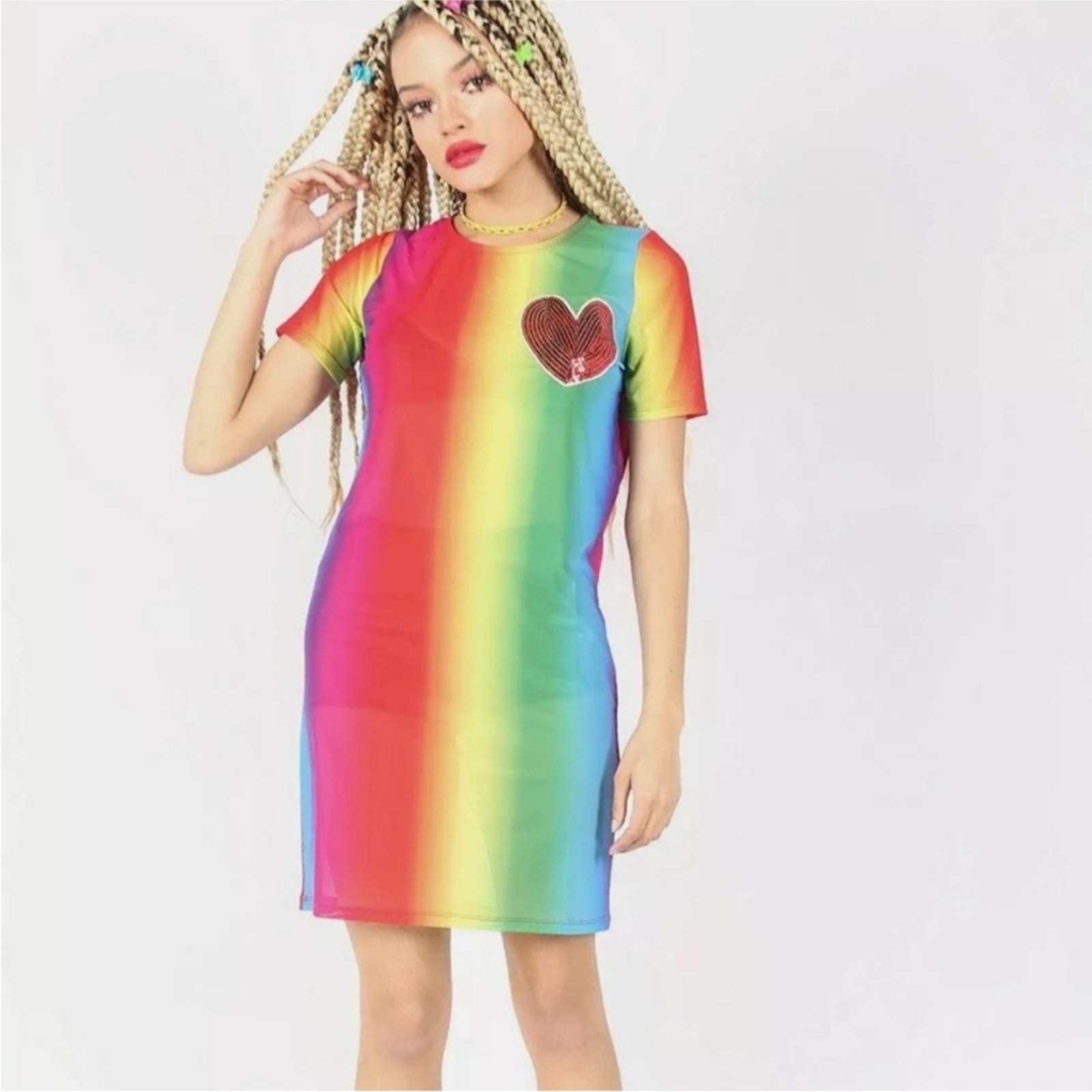 NEW! Iron Fist Somewhere Rainbow Sheer Mesh Mini Dress Sequin Heart LARGE Pride