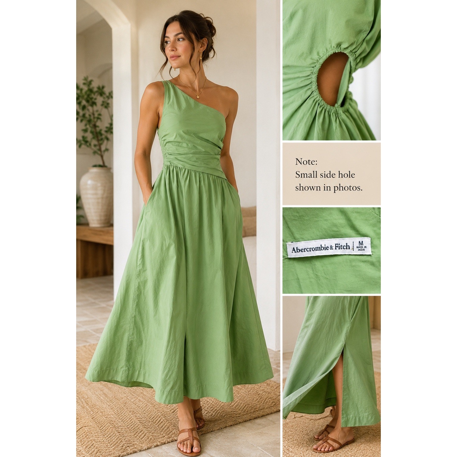 Abercrombie & Fitch Maxi Dress Womens M Green Good One Shoulder Ruched Cutout