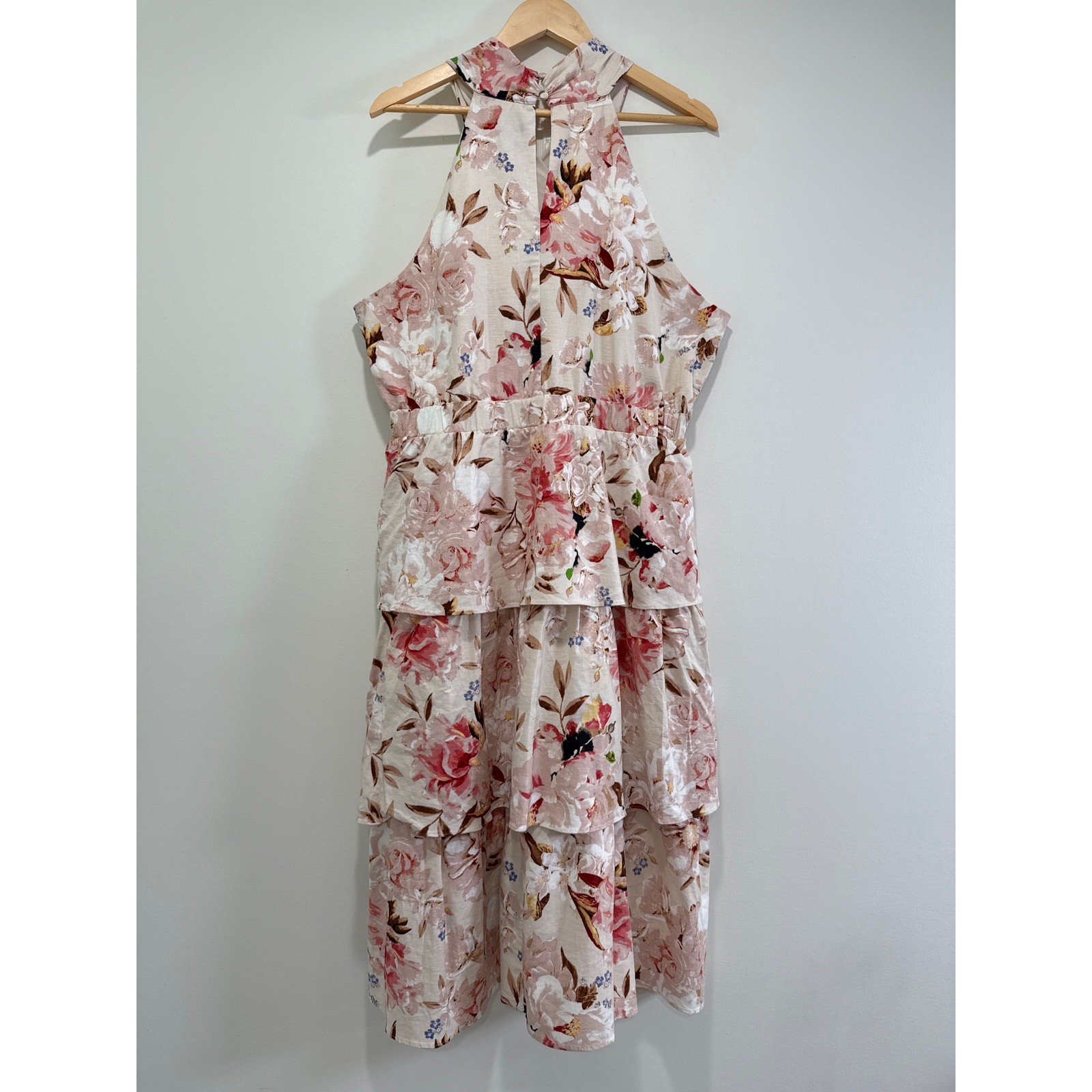Express XL Floral Criss Cross Tiered Ruffle Linen Sleeveless Halter Midi Dress