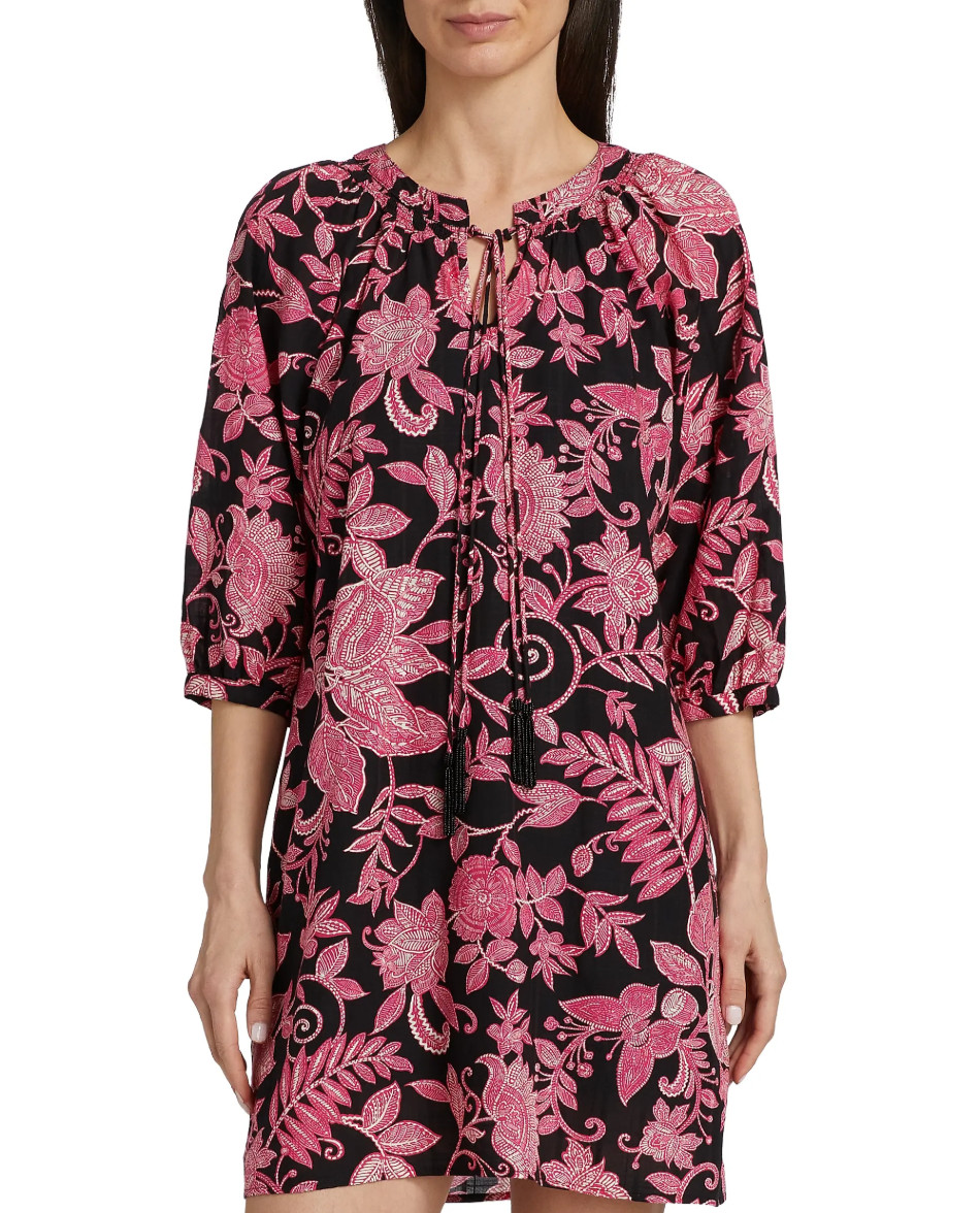 $248 JOHNNY WAS SZ L ALYCIA BEADED TASSEL DRESS LEAF PRINT w/ SLIP B:43″ L:39″