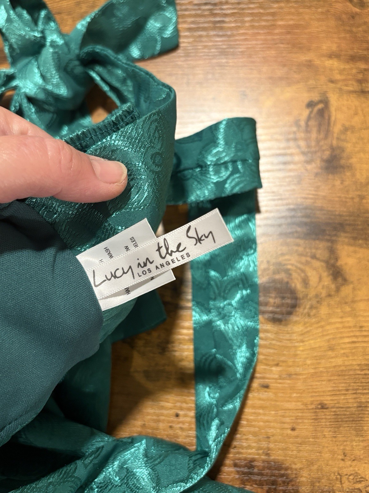 Lucy in the Sky Satin Jacquard Tie Open Back Dress in Emerald Green Sz Small