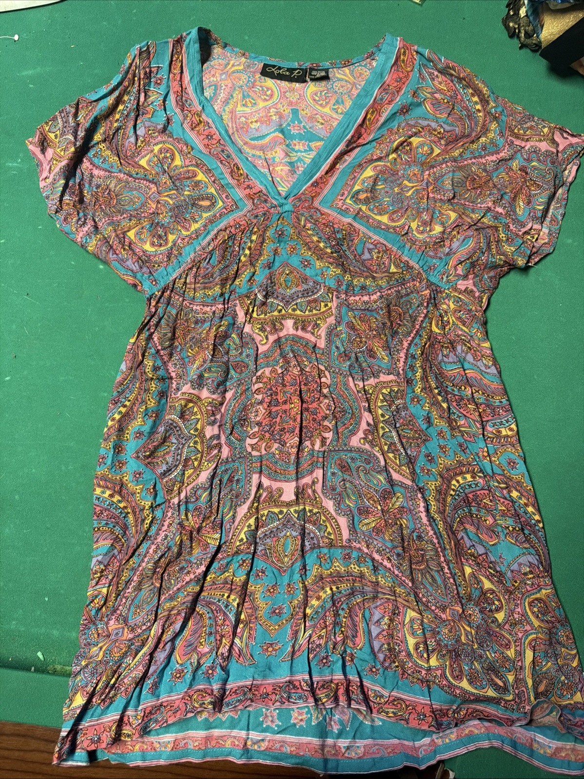 Lola P Paisley Boho Rayon Tunic Dress Size Large Multicolor Made in India A02