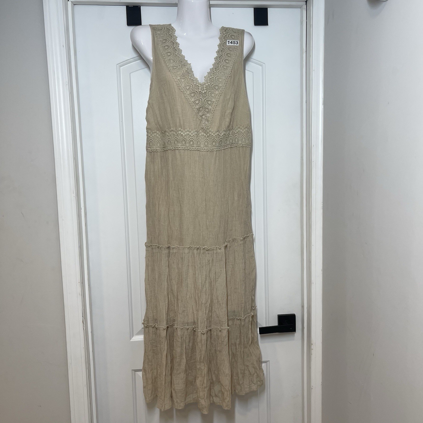 Indigo Rose Prairie Renaissance Maxi Dress L Beige Cottagecore Doily Boho Gauzy