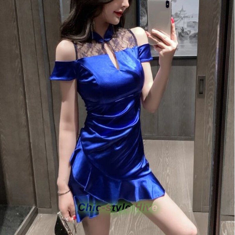 Lady Short Cheongsam Dress Lace Hollow Out Ruffle Slim Sexy Nightclub Summer