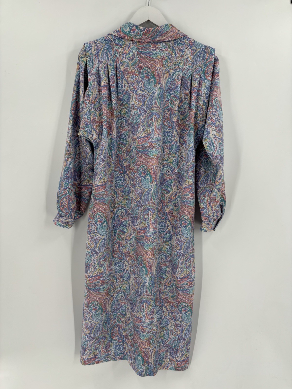 Schrader Vintage Dress Womens 12 Blue Pink Belted Paisley Pussybow Midi Colorful