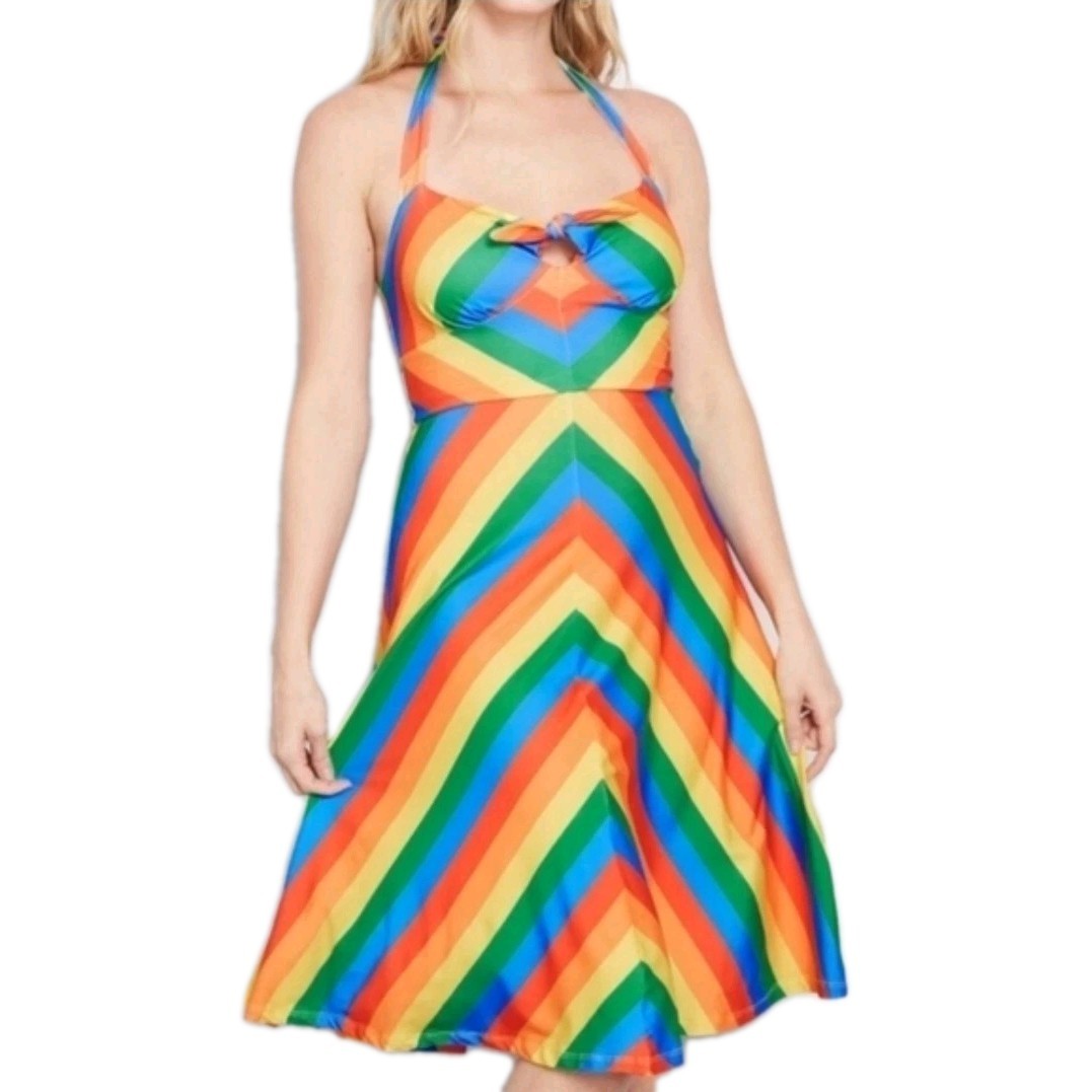 ModCloth Rainbow Halter Dress Striped Pullover Tie Sundress Sz XL Pride Festival
