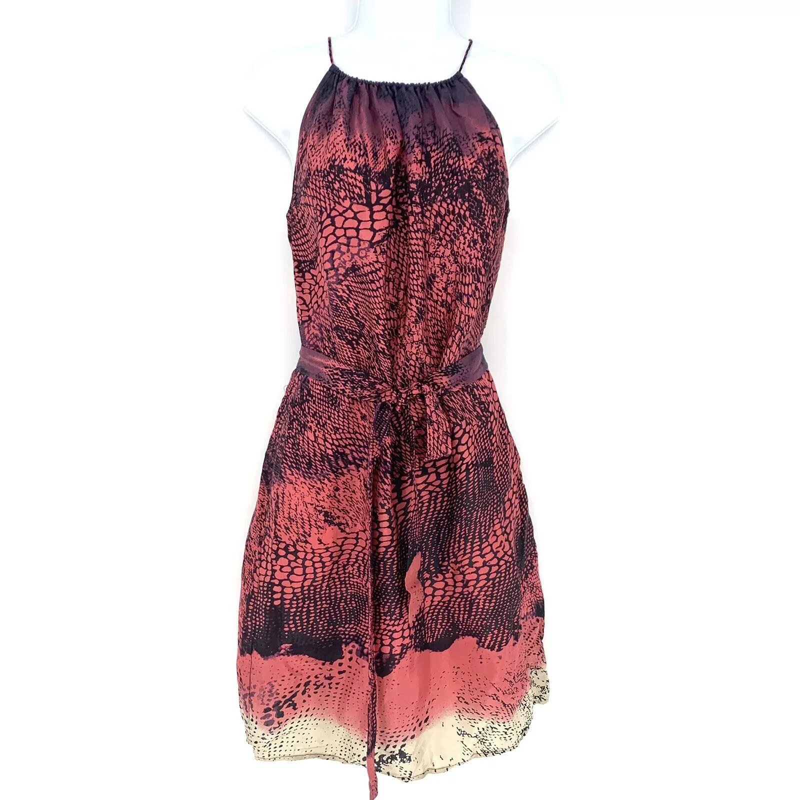 DKNY JEANS Petites Halter Mini Dress Size SP Pink Ombre Snake Print Tie Belt