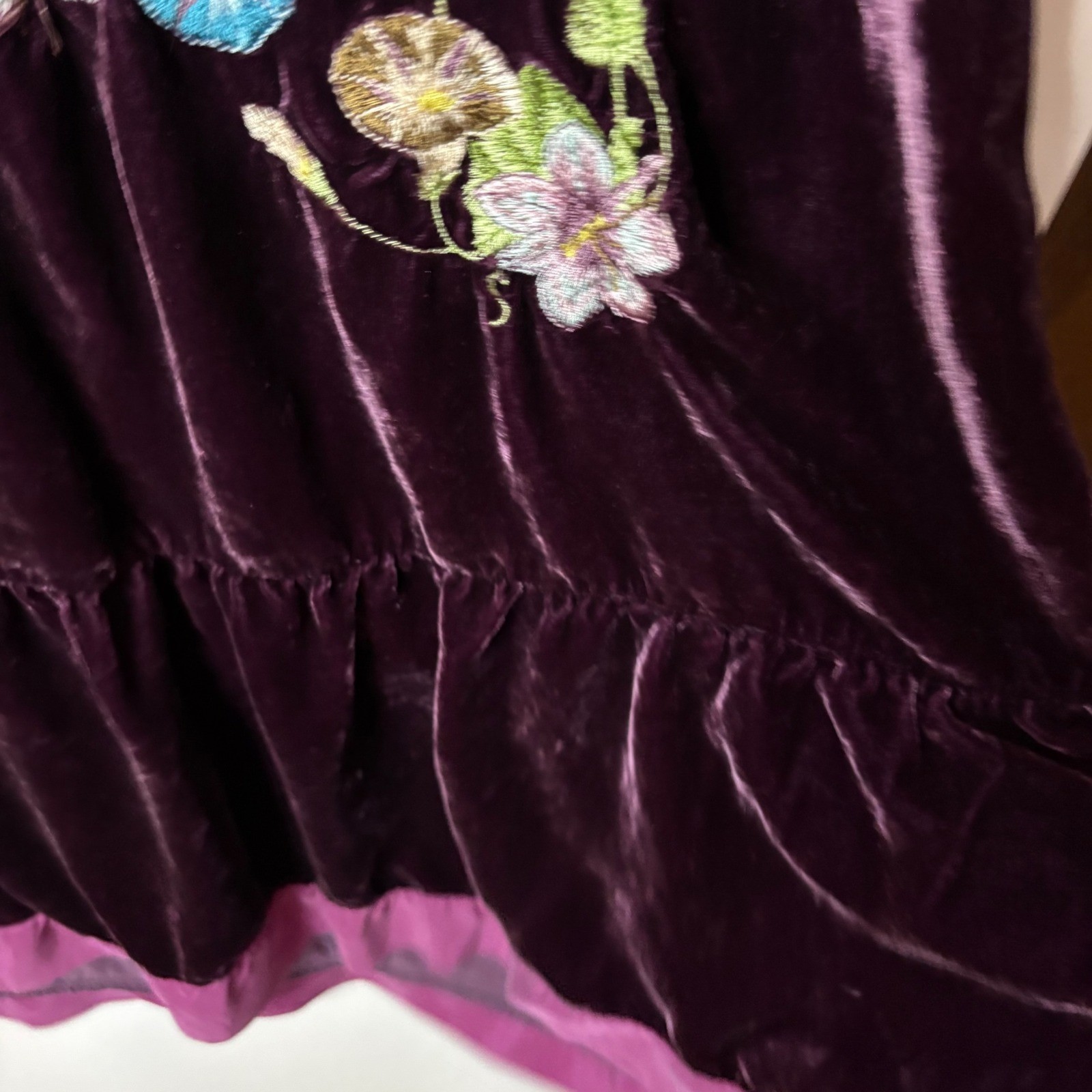 Johnny Was Velvet Mini Dress Womens XS Purple Silk Blend Floral Embroidered