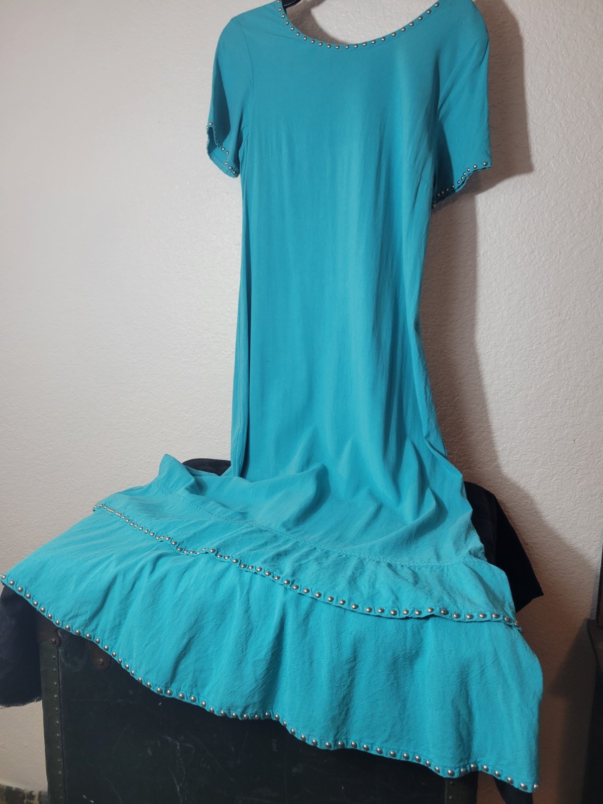 Women’s Blue Cotton A-Line Midi Dress Short Sleeve Round Neck Studded Hem L