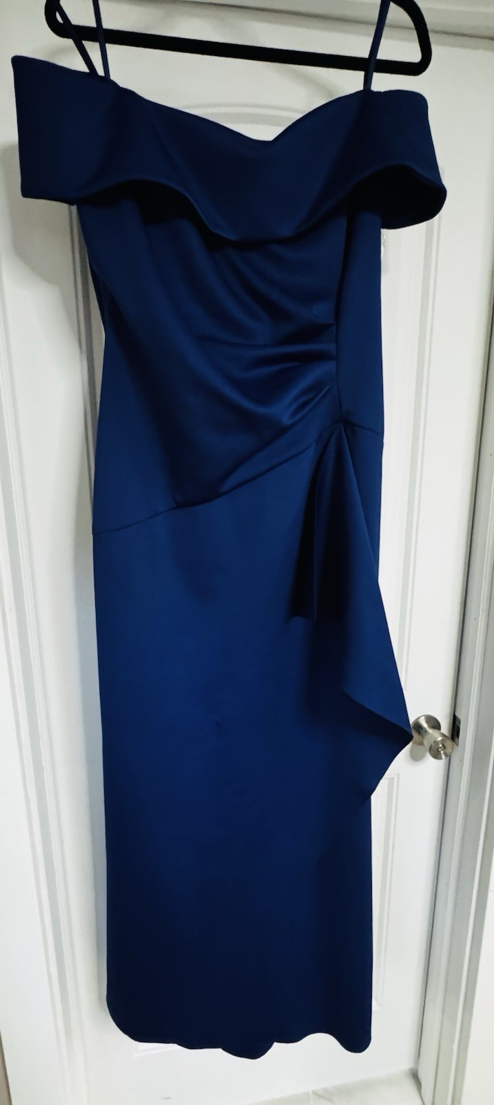 XSCAPE Blue Solid Off Shoulder Long Stretch Gown Dress Zip Plus Size 18W