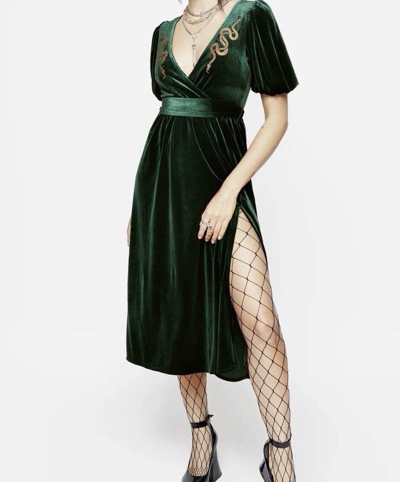 Disturbia Zarina Velour Appliqué Midi Wrap Dress US Size 14 Green